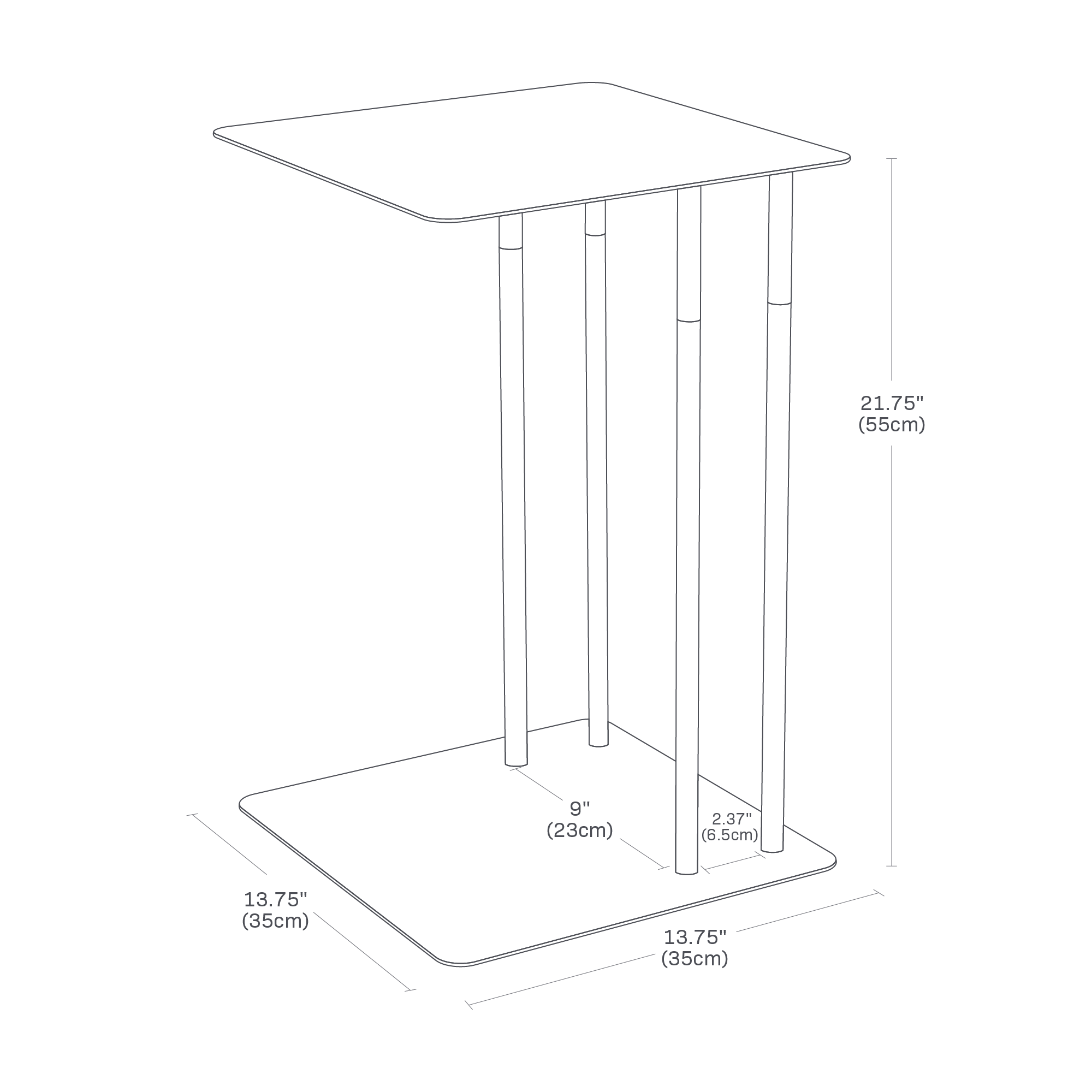 Dimension Image for C Side Table on a white background showing height of 21.75 inches, base length of 13.75 inches, 9 inches width between bars and 2.375 inches length between bars.