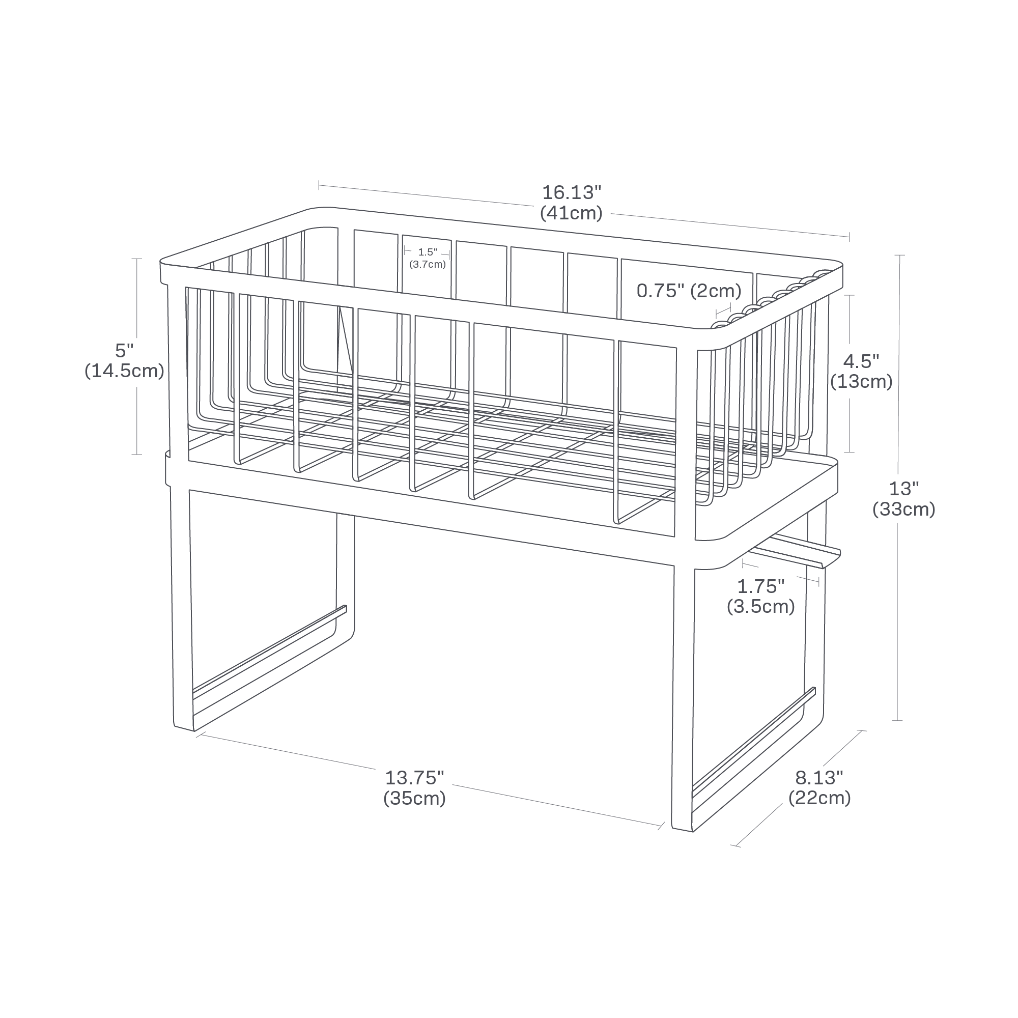 Image dimensionnelle pour égouttoir à vaisselle à deux niveaux sur fond blanc montrant une longueur de 16,13 po, une largeur de 8,13 po et une hauteur de 13 po. L