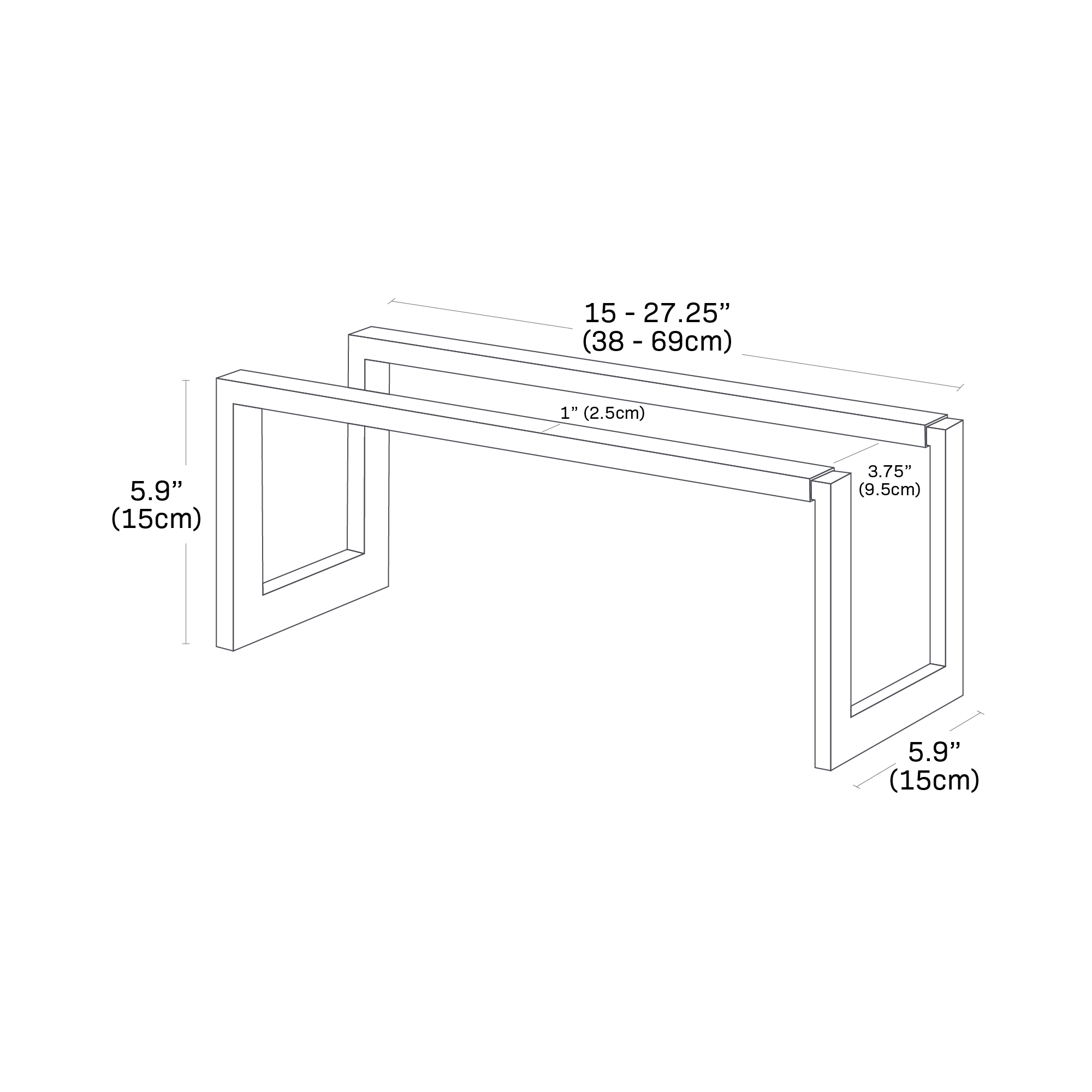 Image dimensionnelle pour le support à chaussures extensible montrant une hauteur de 5,9 po, une longueur de 5,9 po, une largeur de 15 à 27,25 po, 1 po de largeur du support à chaussures et 3,75 po entre la barre avant et la barre arrière