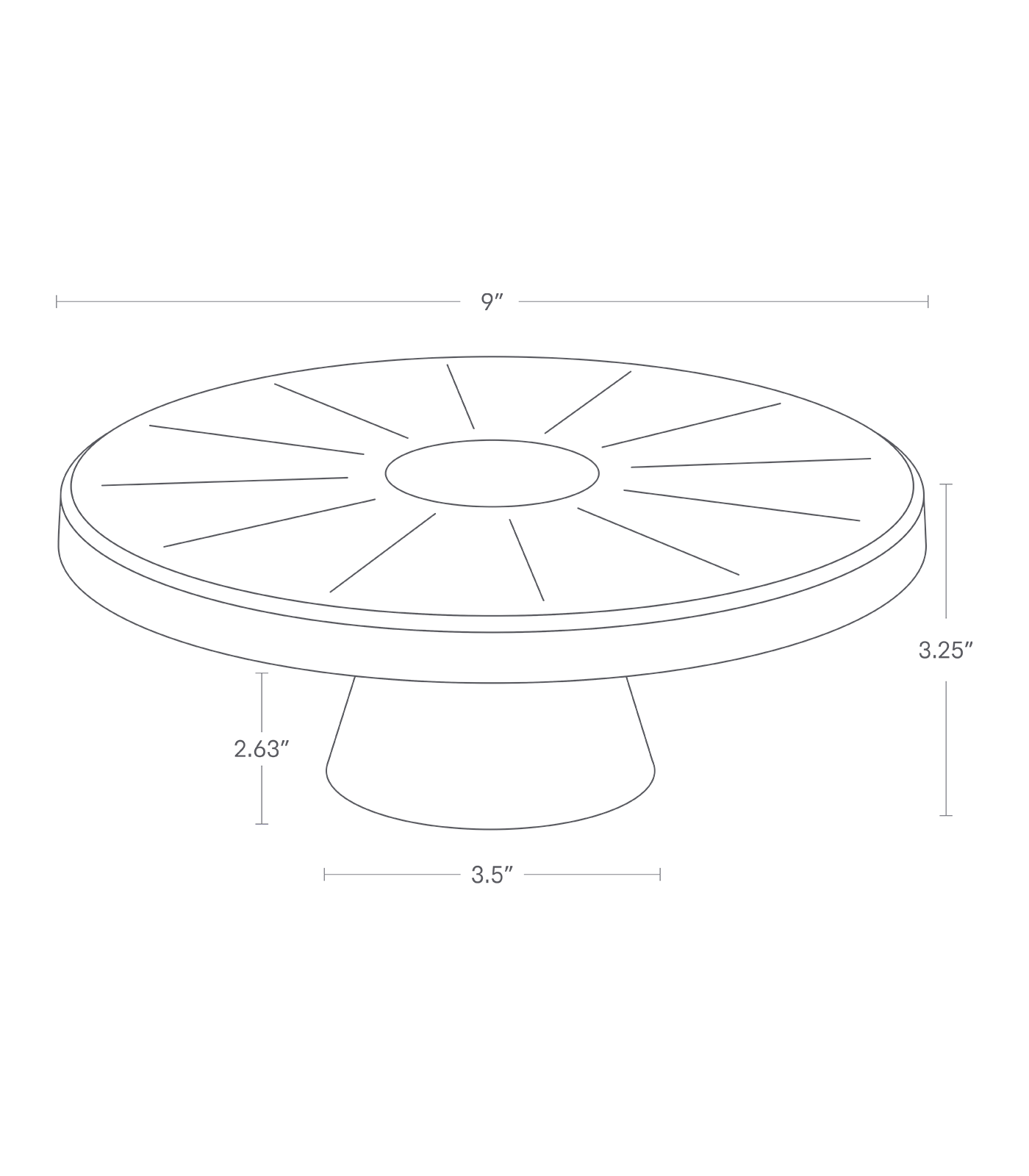Dimension image for Stackable Cake Stand on a white background including dimensions  L 9.06 x W 9.06 x H 3.54 inches