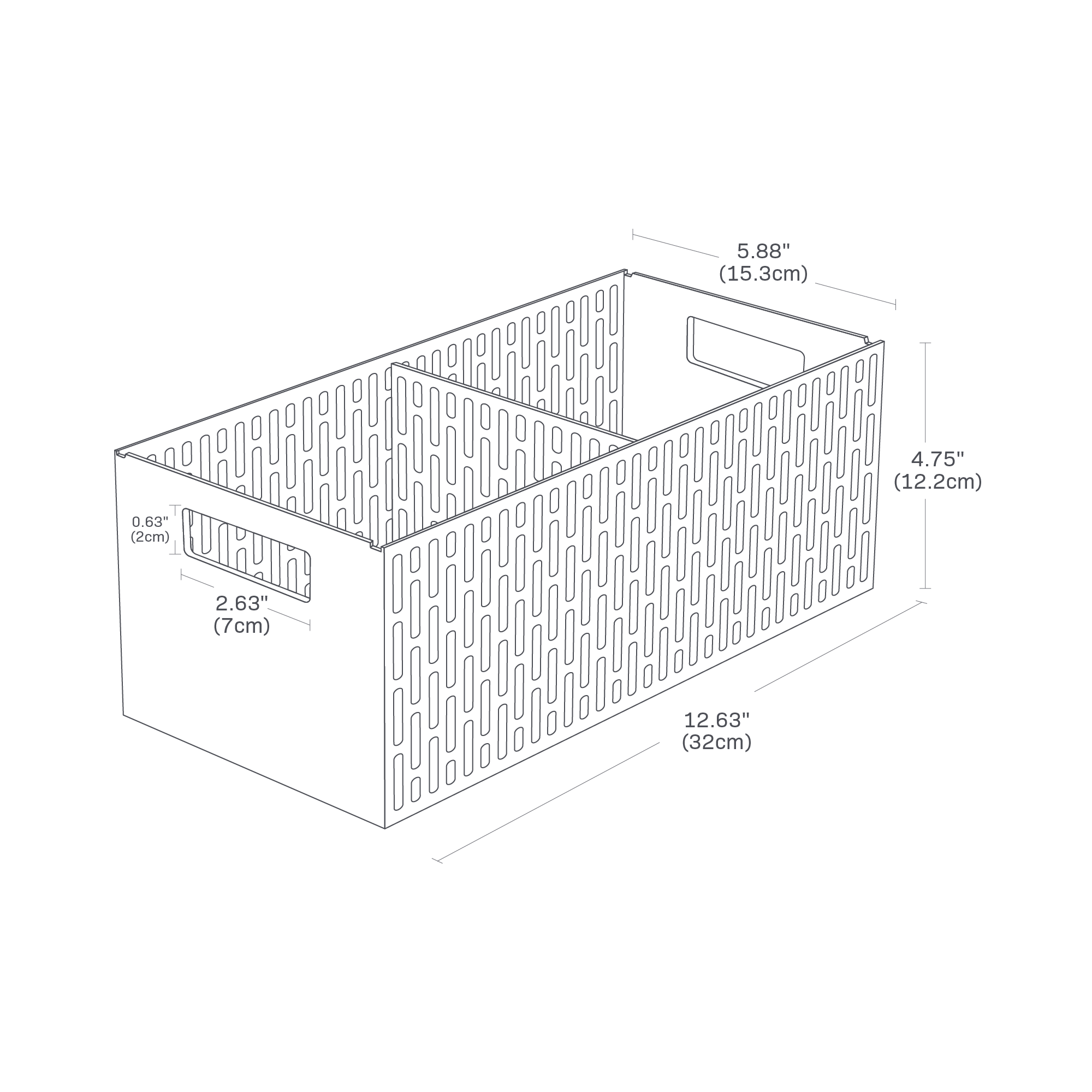 Dimension image for Stackable Vegetable Stocker showing a total length of 12.63 inches, width of 5.88 inches, height of 4.75 inches. Handle height and length are 0.63 inches and 2.63 inches respectively.