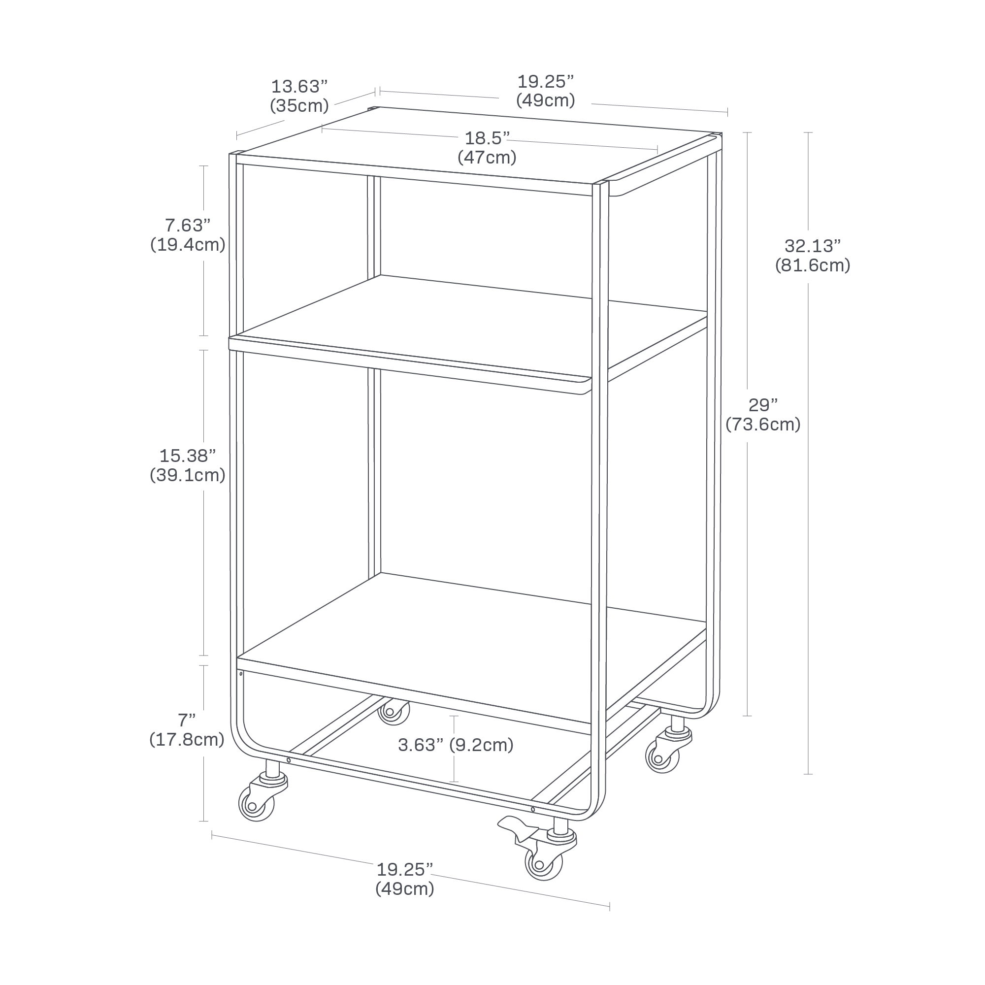 Dimension image for Rolling Utility Carton a white background showinglength of 19.25 inches with a handle, width of 13.63 inches, height of 32.13 inches. The bottom shelf is placed at a height of 7 inches, and the top shelf is spaced 15.38 inches from the bottom shelf. The tabletop measures 18.5 inches by 13.63 inches.