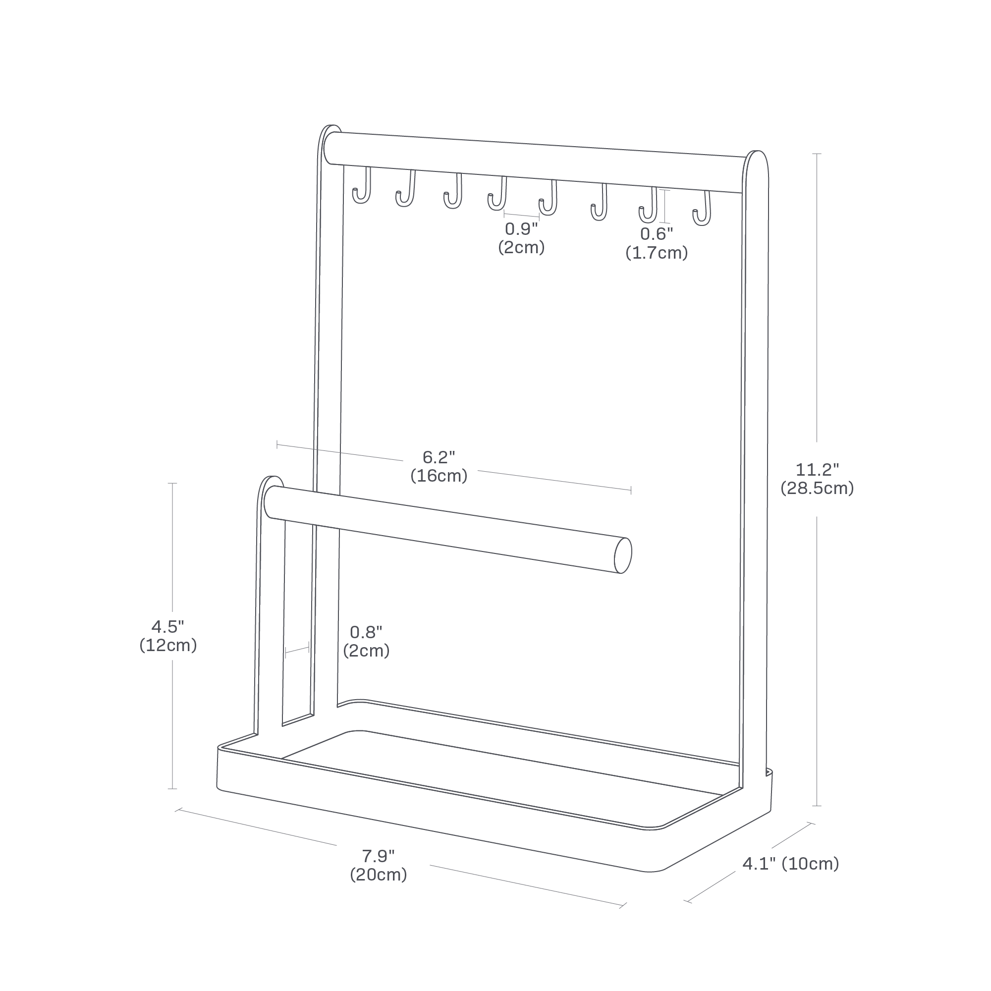 Dimension image for Jewelry + Accessory Display showing total height of 11.2 inches, length of 4.1 inches, width of 7.9 inches and a front bar height of 4.5 inches and width of 6.2 inches and 0.8 inches beteen the front bar and the back bar.
