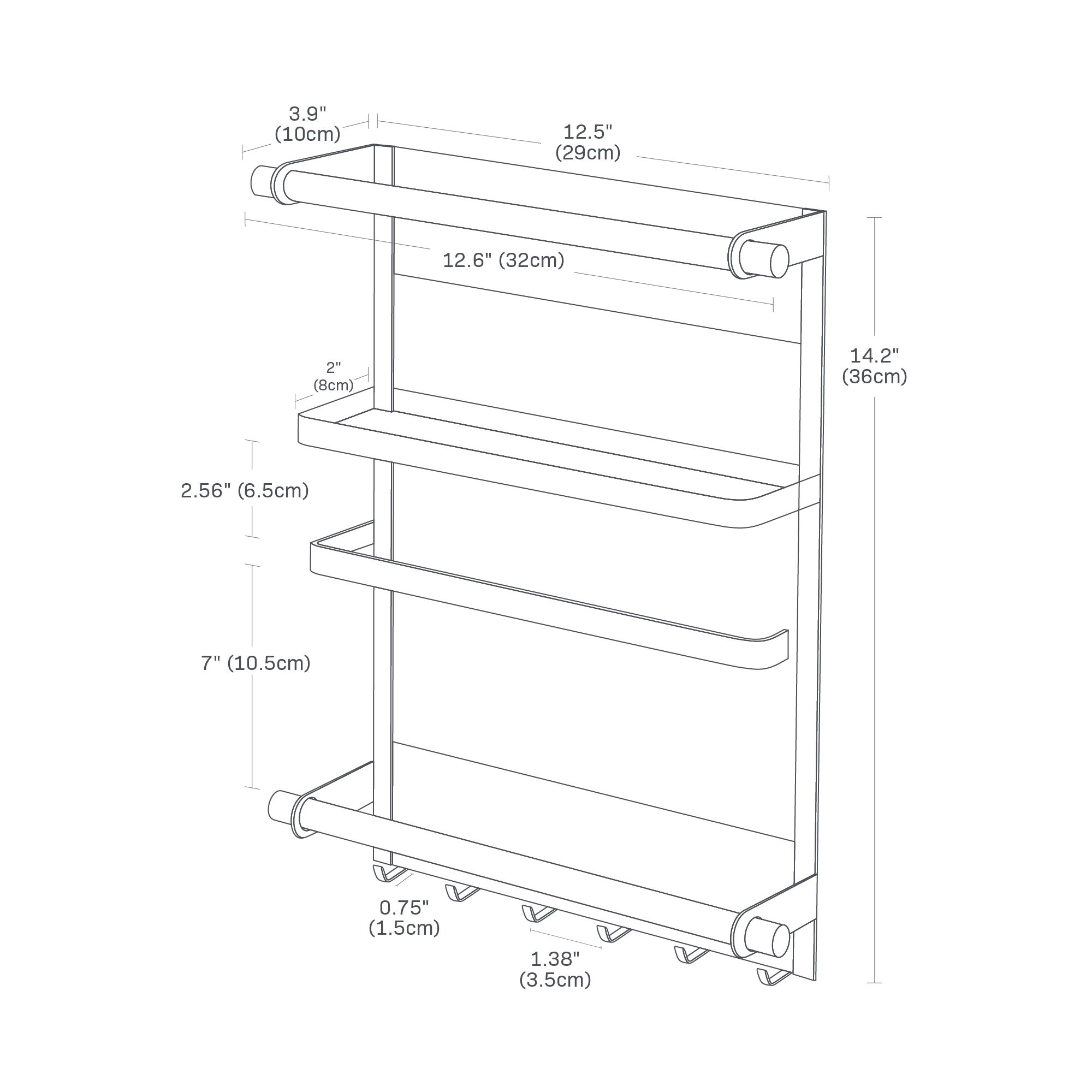 Dimension image of Magnetic Kitchen Organizer by Yamazaki Home with a total height of 14.2 inches, dowel width of 12.6 inches, frame width of 12.5 inches, depth of 3.0 inches, and bottom hook length of 0.75 inches. The metal bars protrude by 2 inches from the rack, and the length between the bottom dowel and bottom metal bar is 7 inches.