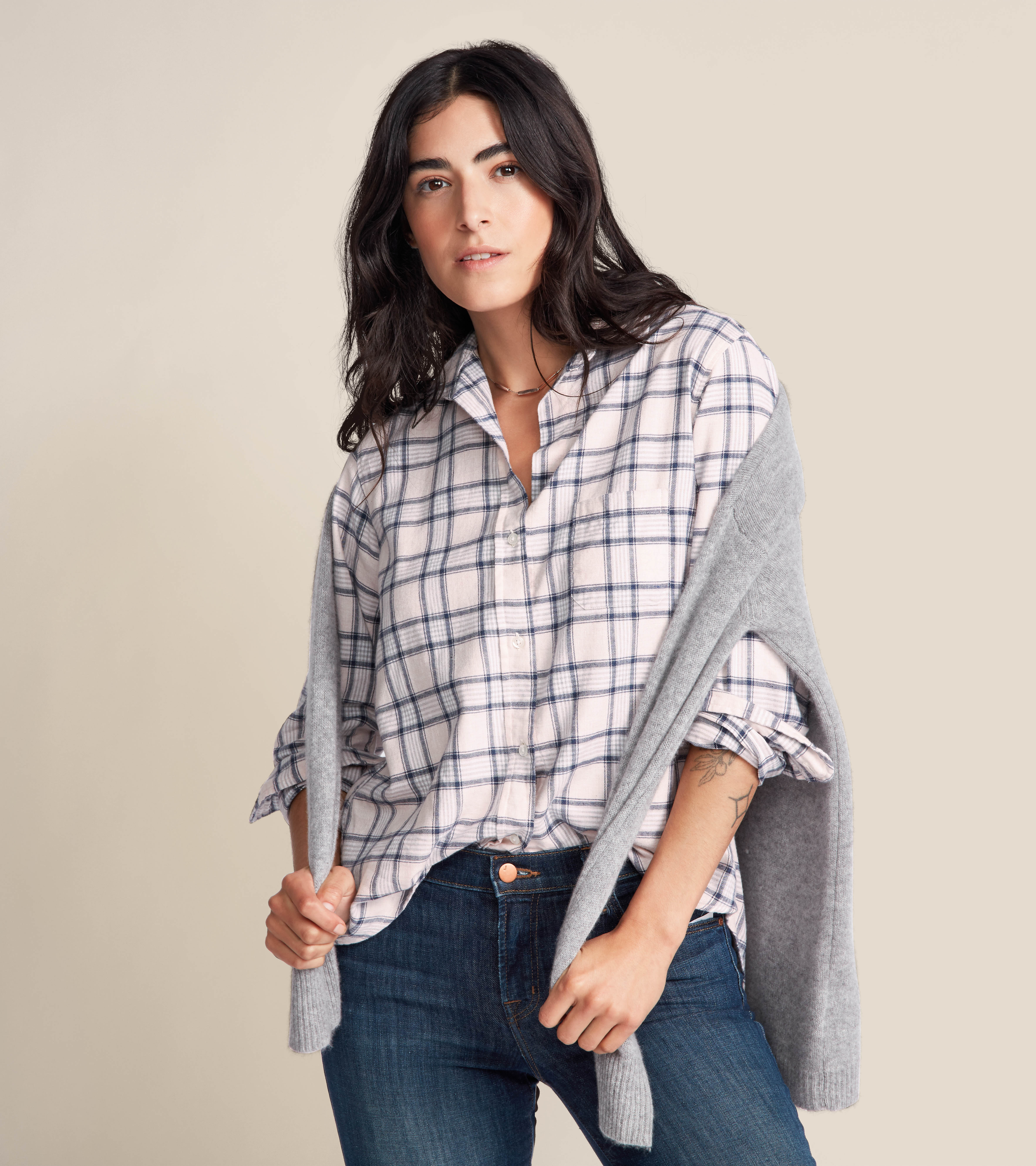 The Hero Button-Up Shirt Pink Melange Plaid, Feathered Flannel Final Sale view 1