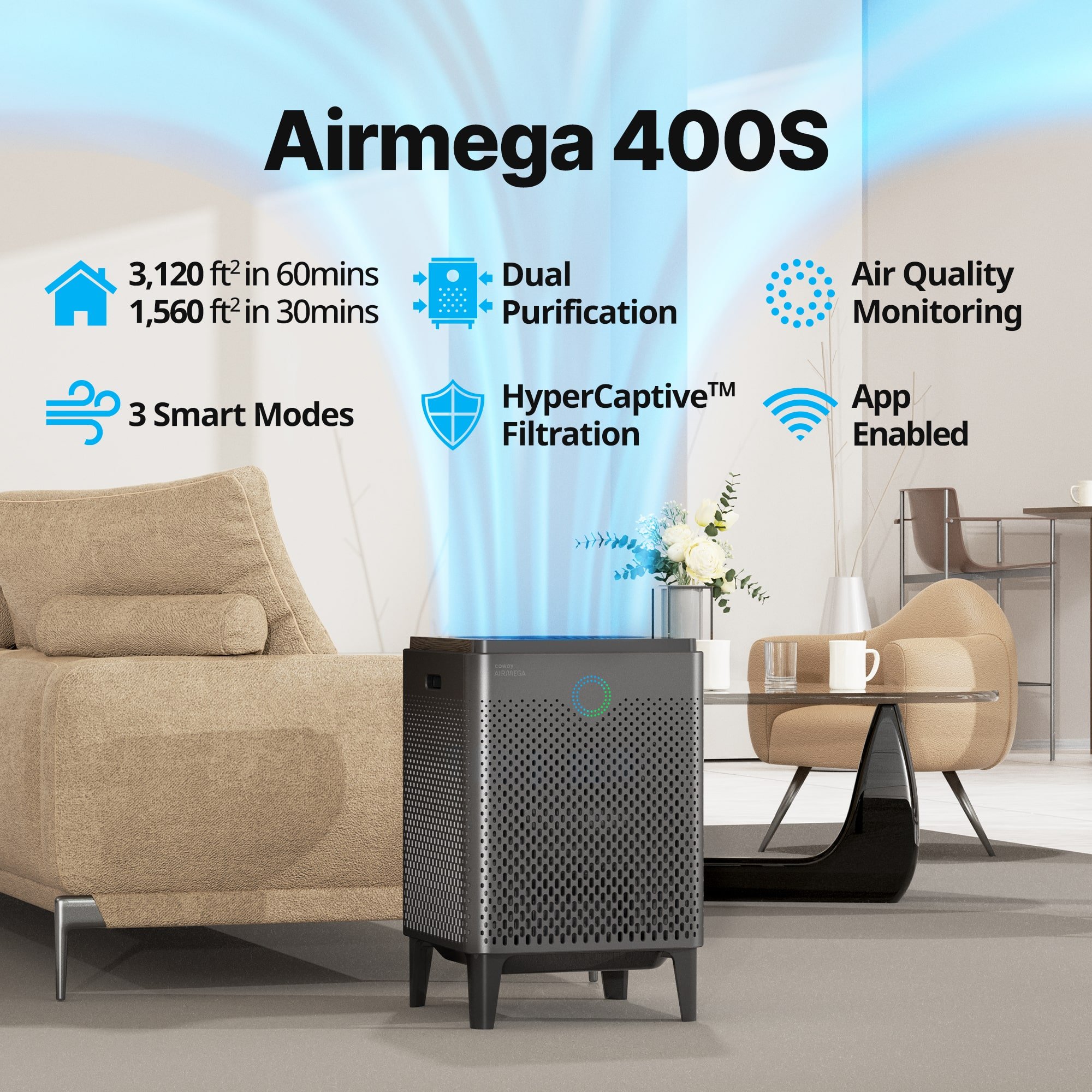 Coway Airmega 400S Graphite in a living room