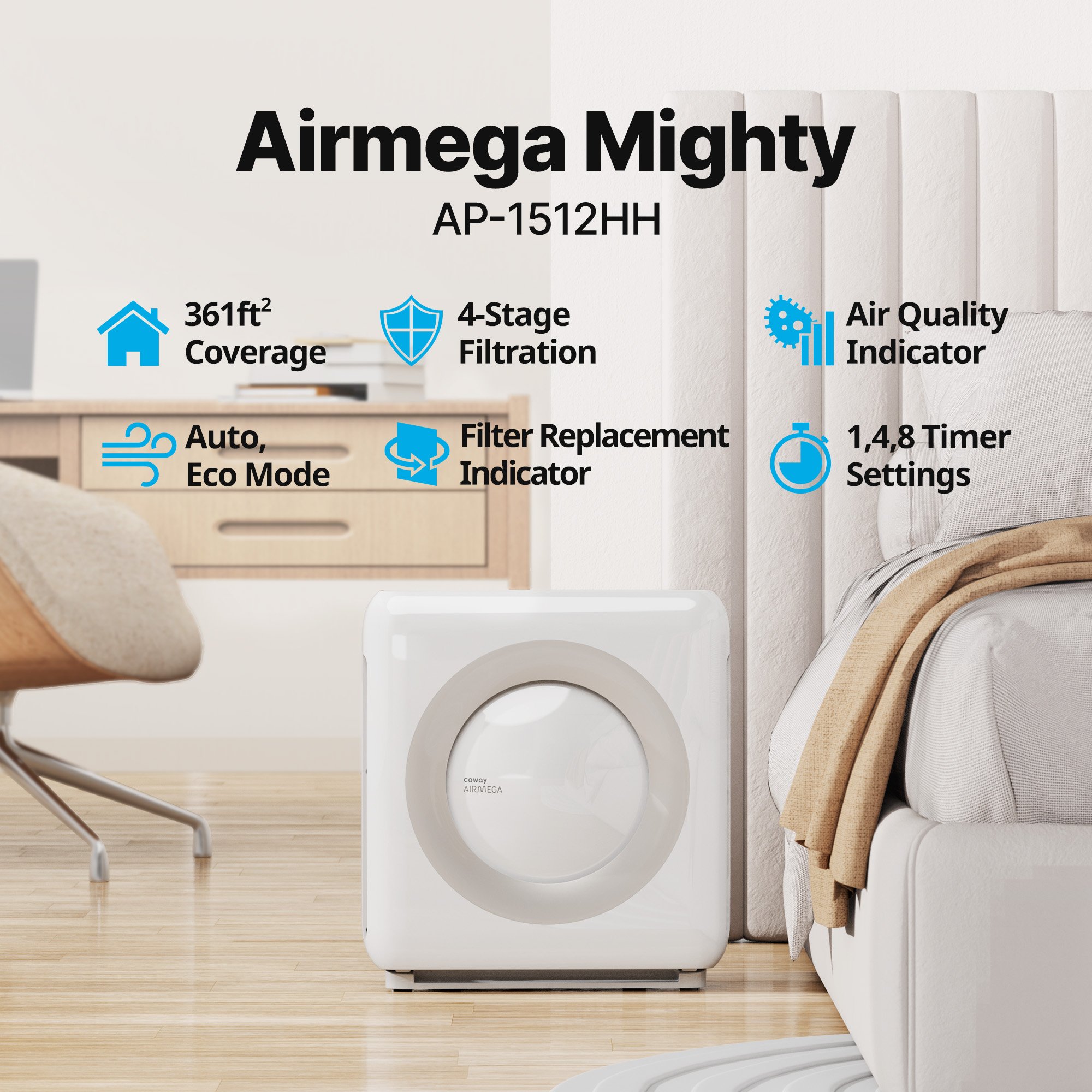 Airmega Mighty in a bed room