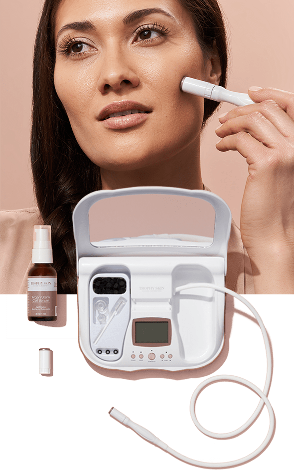 Two-panel photo of Sensitive Skin Specialist; Woman using MicrodermMD