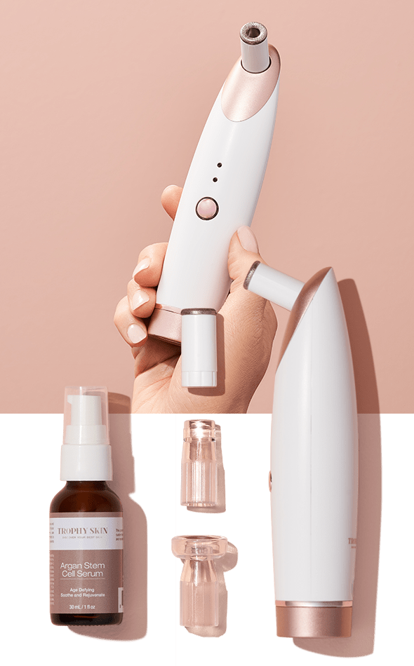 Two-panel photo of Beginners Set; Hand holding MiniMD, Anti-Aging Serum, and Tips