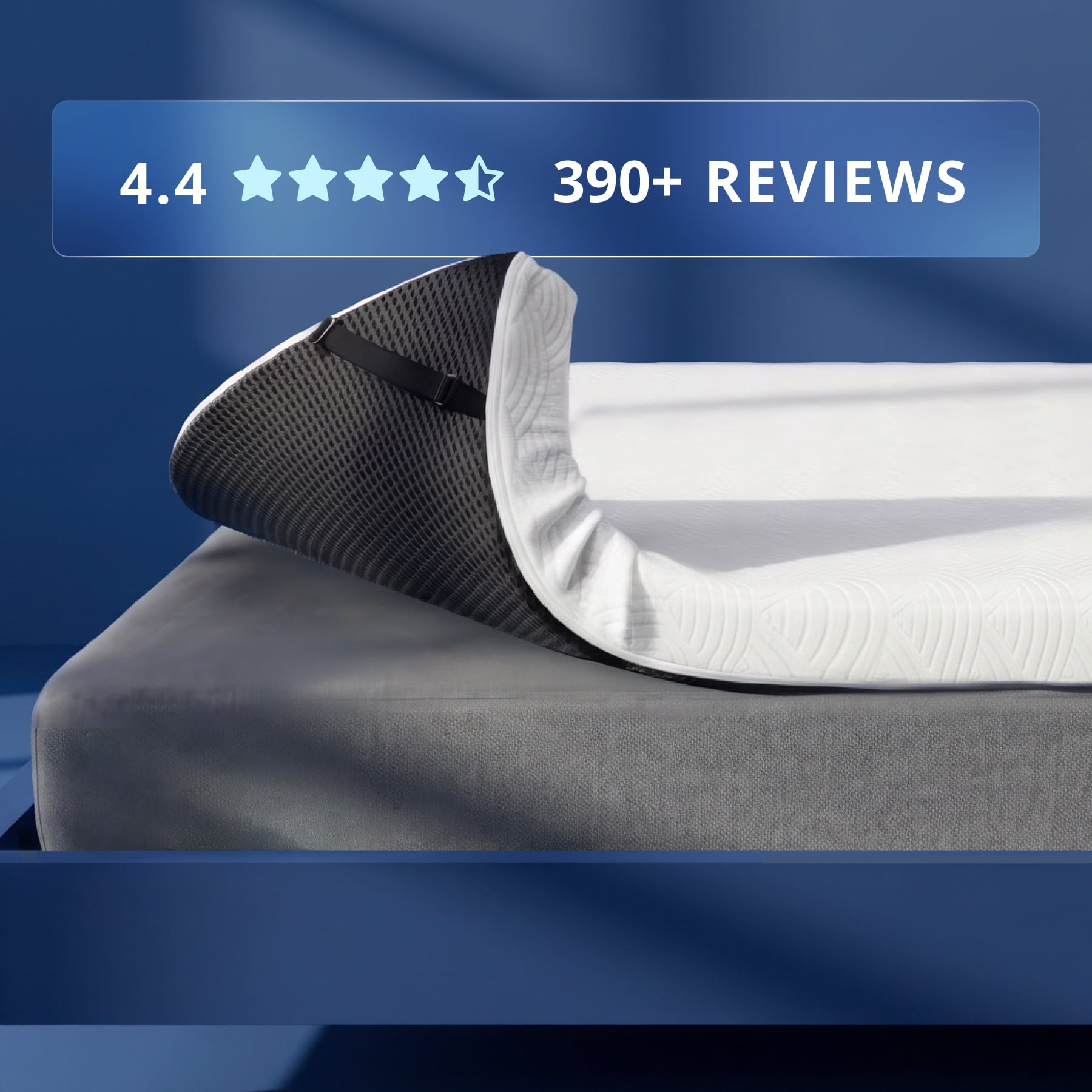 Orders placed by 2pm ships same day. 4" Copper Infused Foam. Made in the USA. Photo of a 4" thick white mattress topper secured to a bed with adjustable straps.