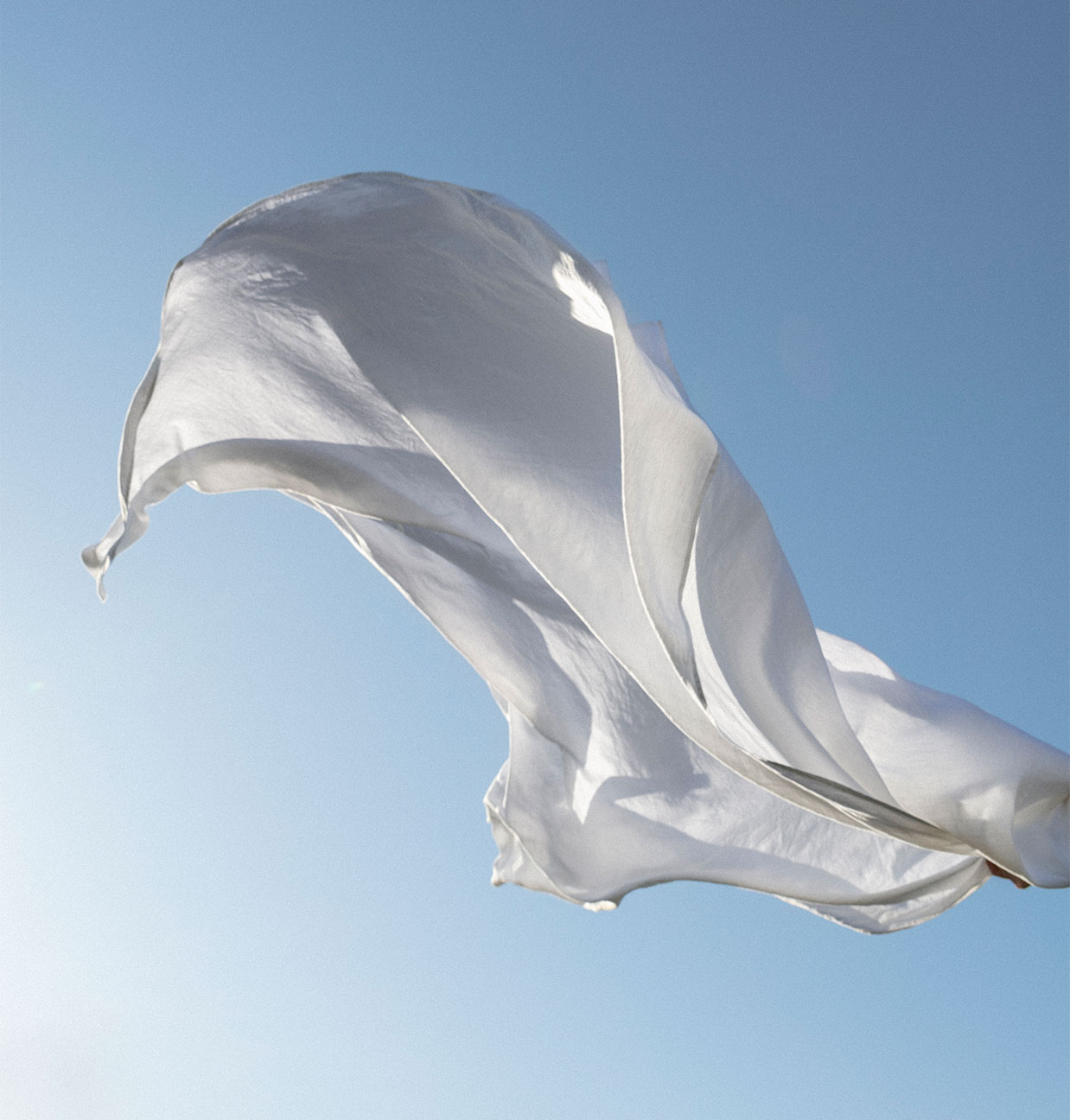 A white linen sheet blows in the wind against the backdrop of a clear blue sky.