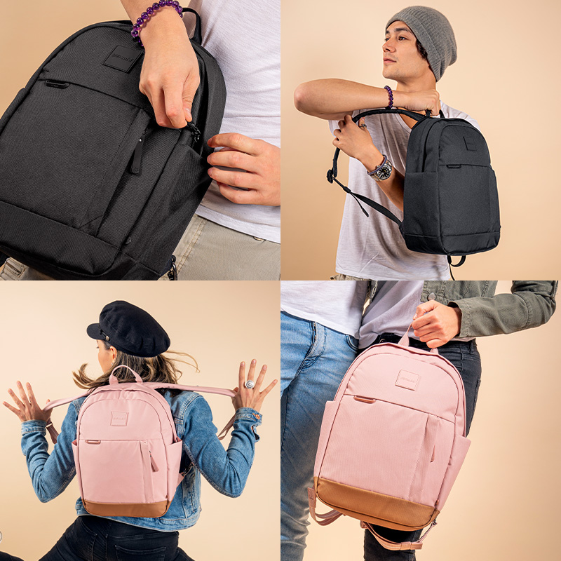 Pacsafe Go 15L anti-theft backpack in Black; Male model wearing on one shoulder backpack in Black; Female model wearing the backpack in Sunset Pink; Female model sitting by the backpack in Sunset Pink