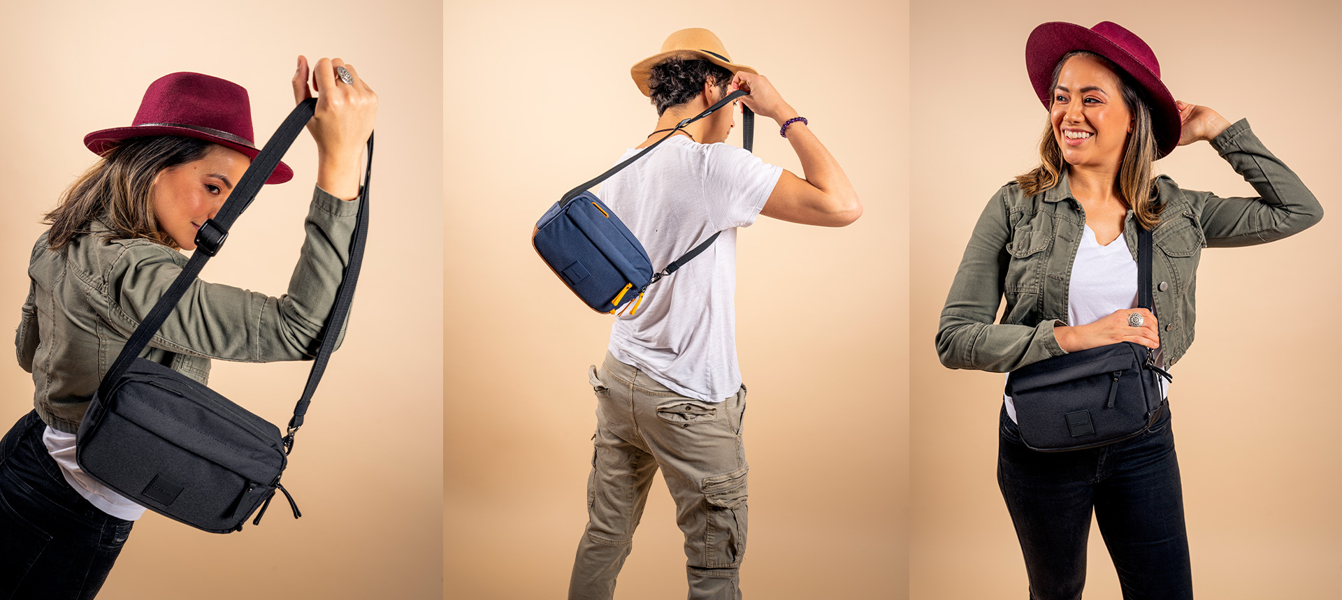 Female model carrying the Pacsafe Go Anti-Theft Crossbody Bag; Male model carrying the Crossbody Bag; Female model carrying the crossbody on her left shoulder.