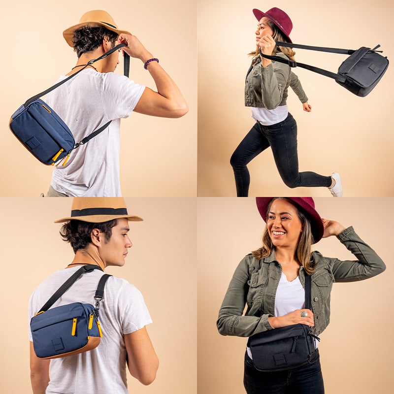 Male model carrying the Pacsafe Go Anti-Theft Crossbody Bag; Female model carrying the Crossbody Bag; Male model carrying the crossbody. Female model carrying the crossbody on her left shoulder.