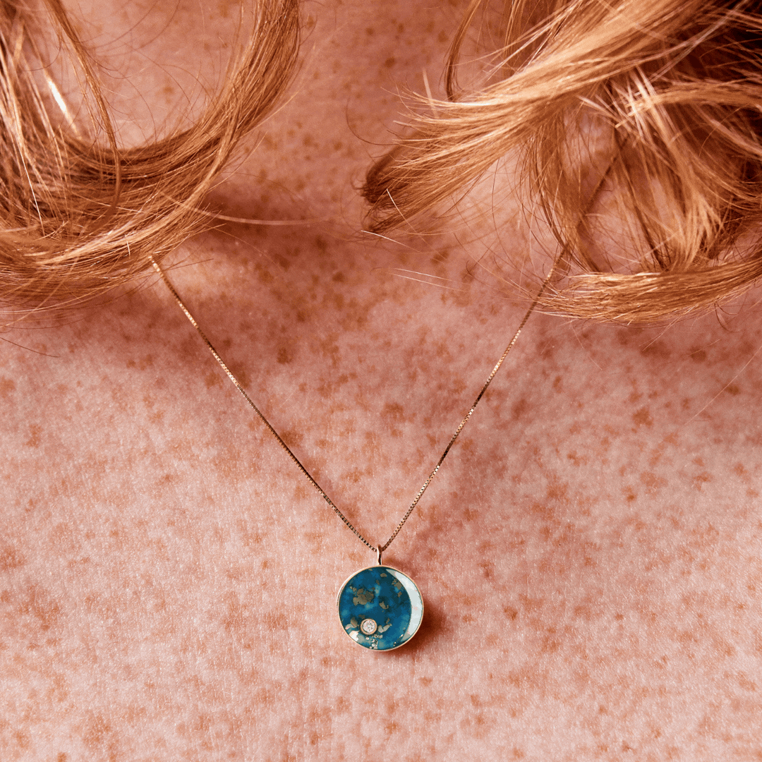 moon phase necklaces changing and showing all phases possible in mother of pearl and turquoise 