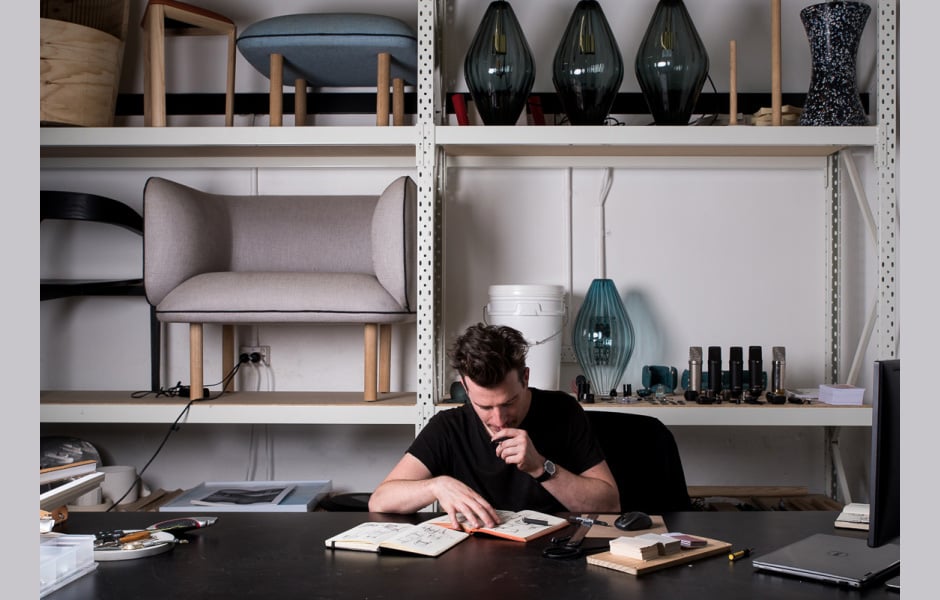 Tom Fereday in his Sydney studio where more than 80% of his design output happens in collaboration with brands including the recently launched Australian furniture brand SP01 Design. Photo c/o Tom Fereday Design. 