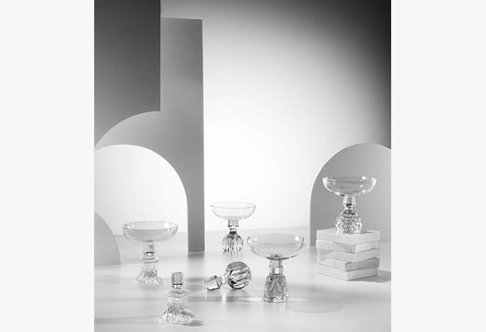 The Half-Cut collection of champagne glasses cleverly reinterprets the ornate form of a crystal decanter stopper. The collection comes in round, square, dome and cone forms. Image c/o Lee Broom.