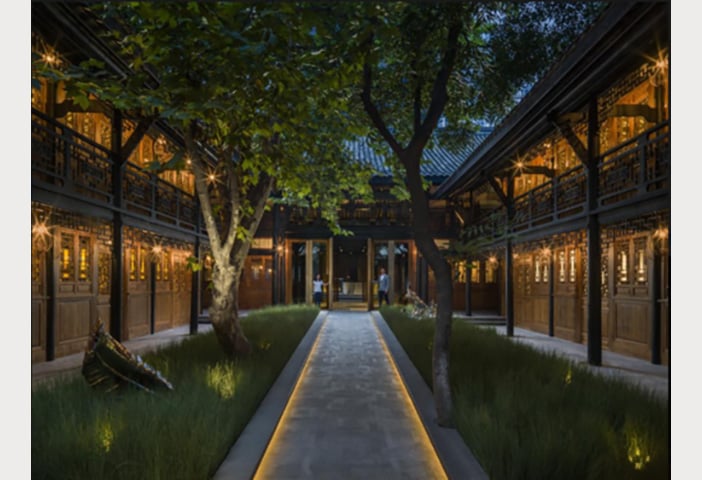 The central courtyard of Temple House by Make architects was inspired by traditional paddy fields that surround the hotel. 