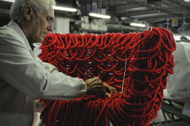 Humberto and Fernando Campana who began their relationship with Edra in 1997 with the Vermelha chair made from 500 metres of rope and still in production today. Photo © Edra.