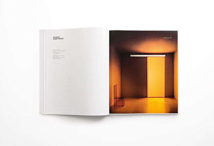 The Aladdin pocket door system (here and below) was the first door collection designed by Piero Lissoni for Glas Italia and it established a design approach focused on the application of glass textures and colours to architectural components. Book designed by Lissoni Associati. Photo c/o Glas Italia.