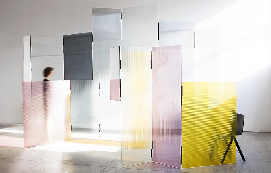 Designed by Ronan and Erwan Bouroullec, the Rayures collection of textual glass screens expands on the Aladdin and Sharazade collections with a series of moveable interior screens that use the wonderful effects of glass to obscure or not. Photo c/o Glas Italia.