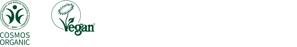 Organic German BDIH, Korean MFDS, and UK Vegan Society certification marks.