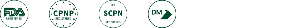 FDA (USA), CPNP (EU), SCPN (UK), and United Arab Emirates (DM) certification marks.