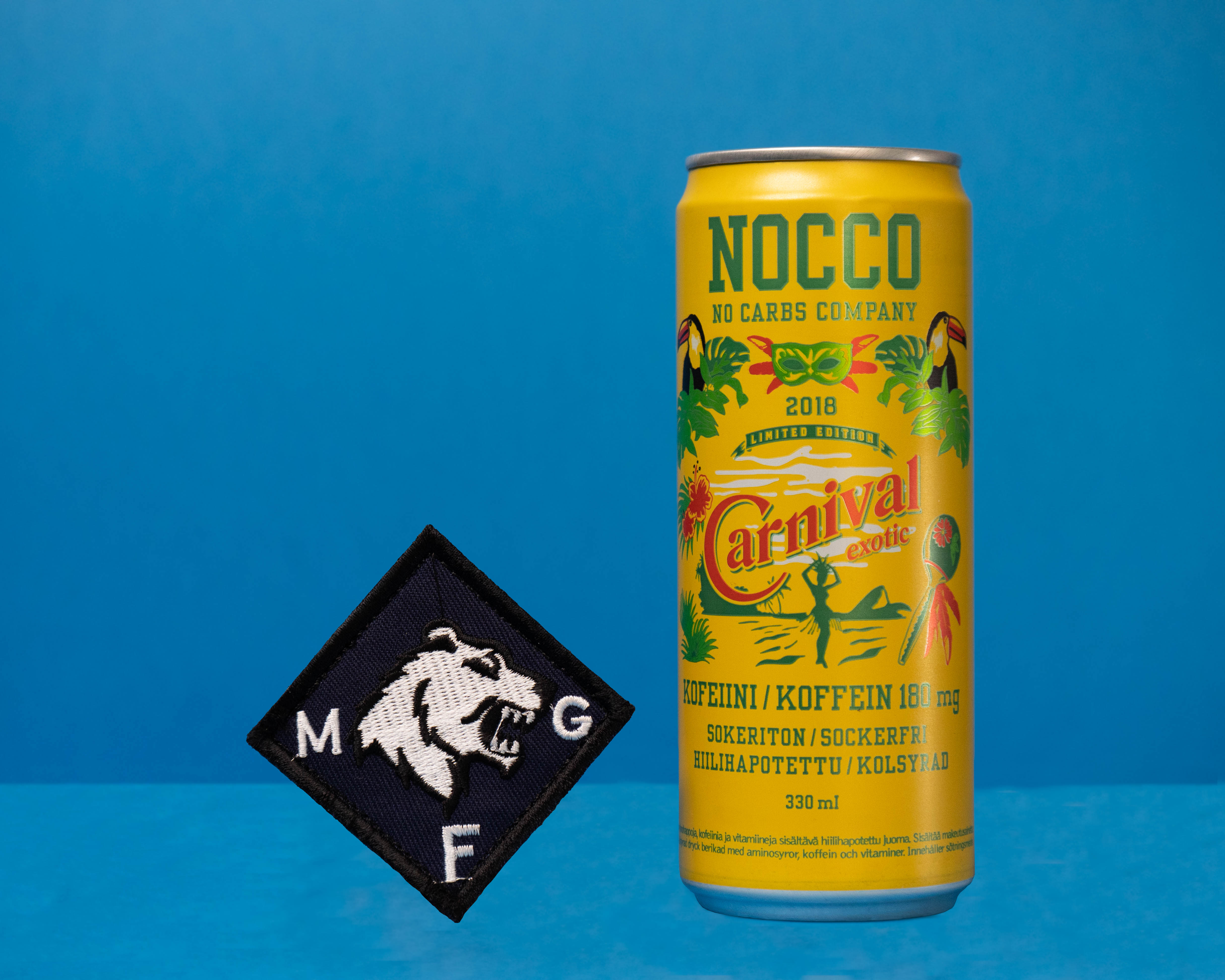 Nocco Summer edition can and a mgf military group finland patch