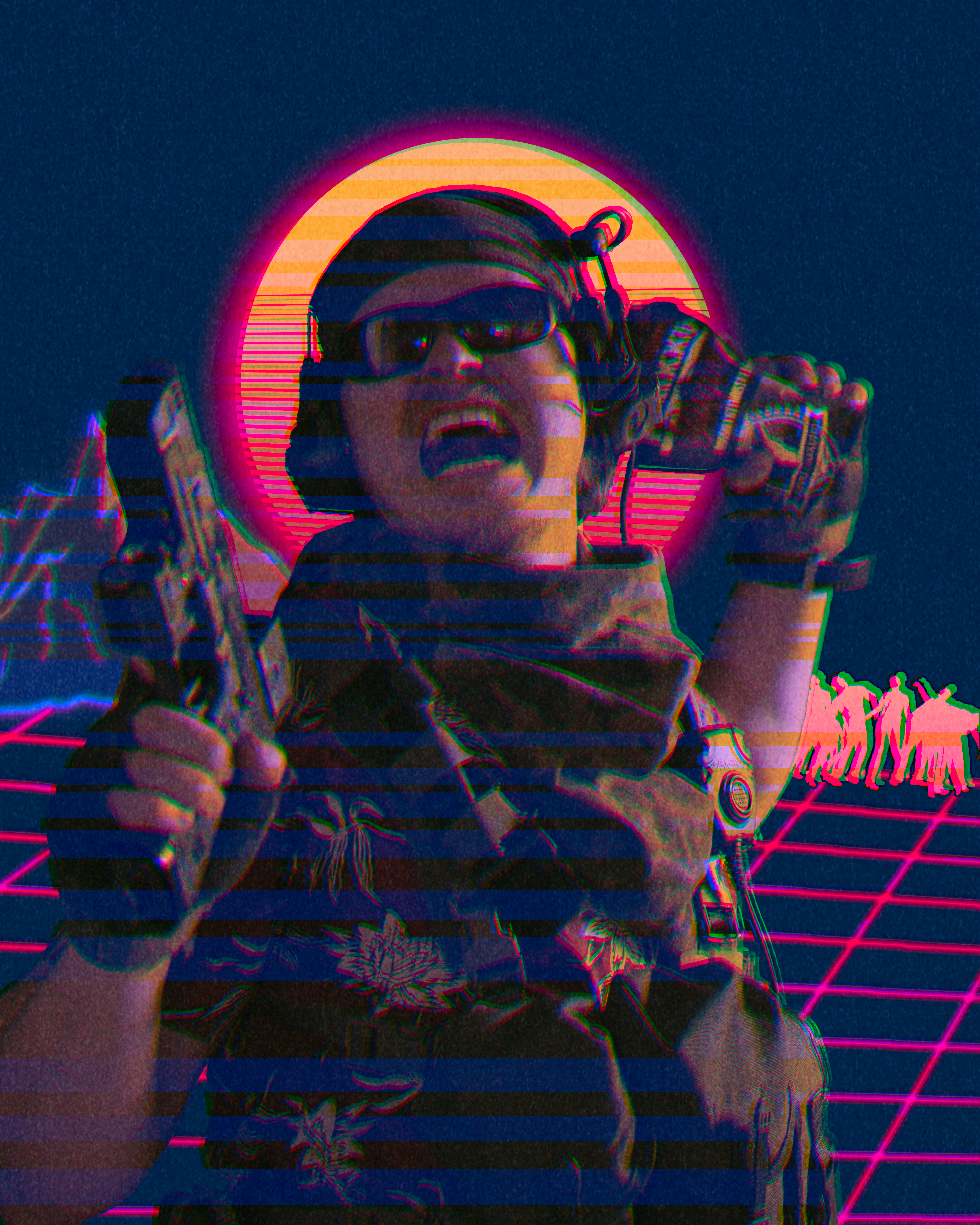 Man with a pistol and a beef jerky package standing infront of a retrowave background. 