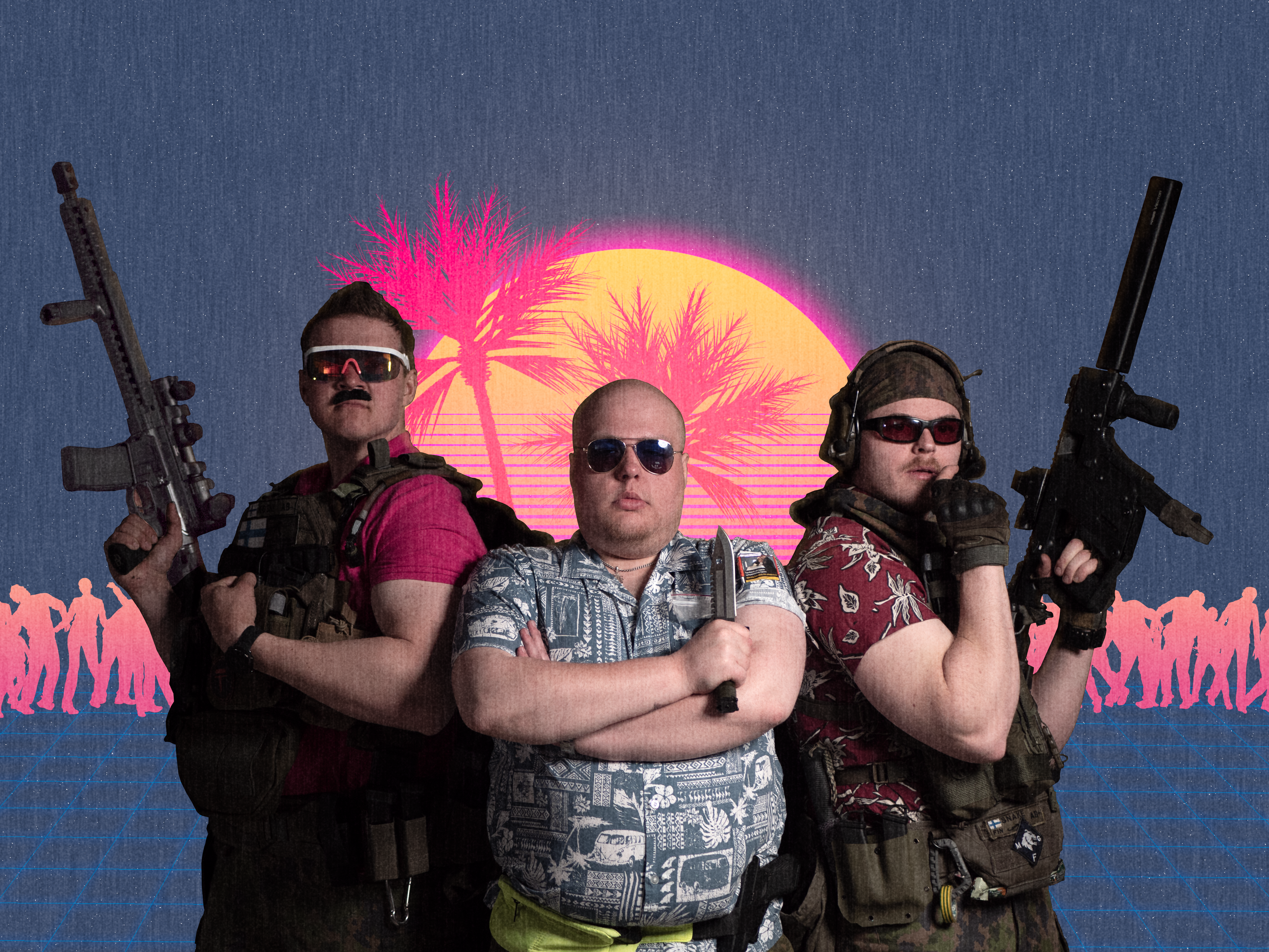 Three men with weapons standing infront of a retrowave background.