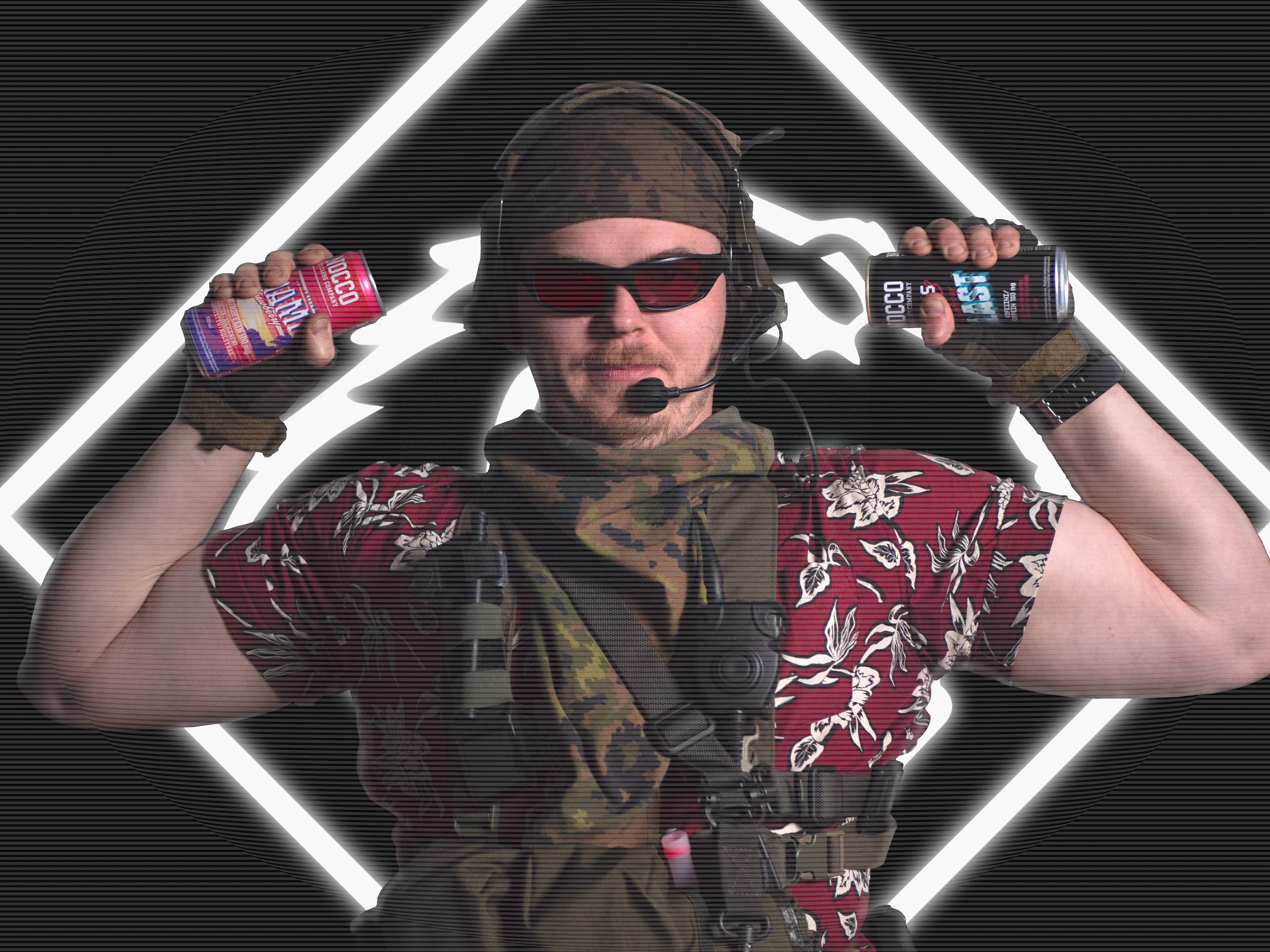 Man with nocco energy drinks in his hands standing infront of a retrowave background.