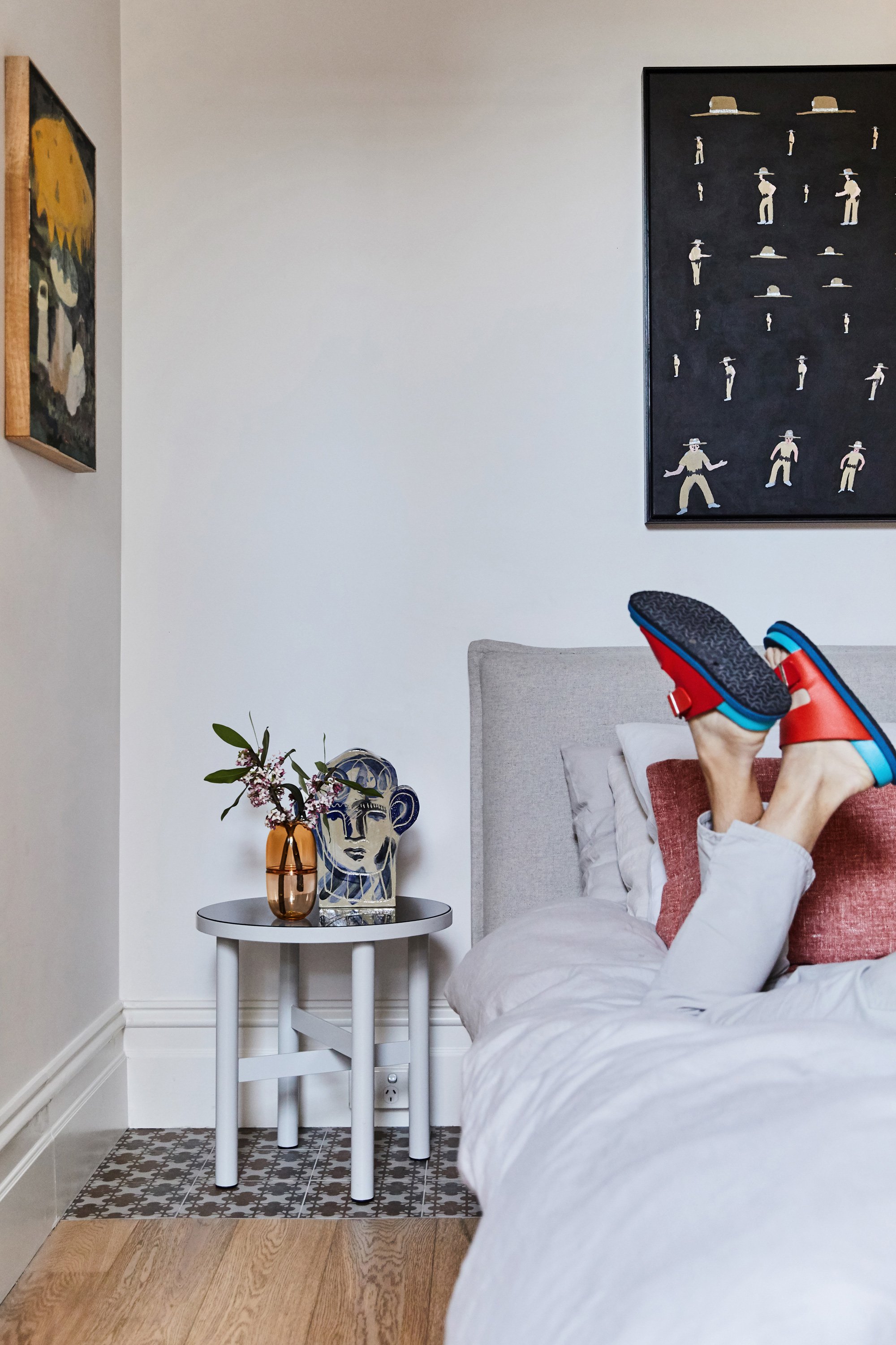 Sidney Side Table, Sugarpill Vase + Stonewash Grey Bed linen