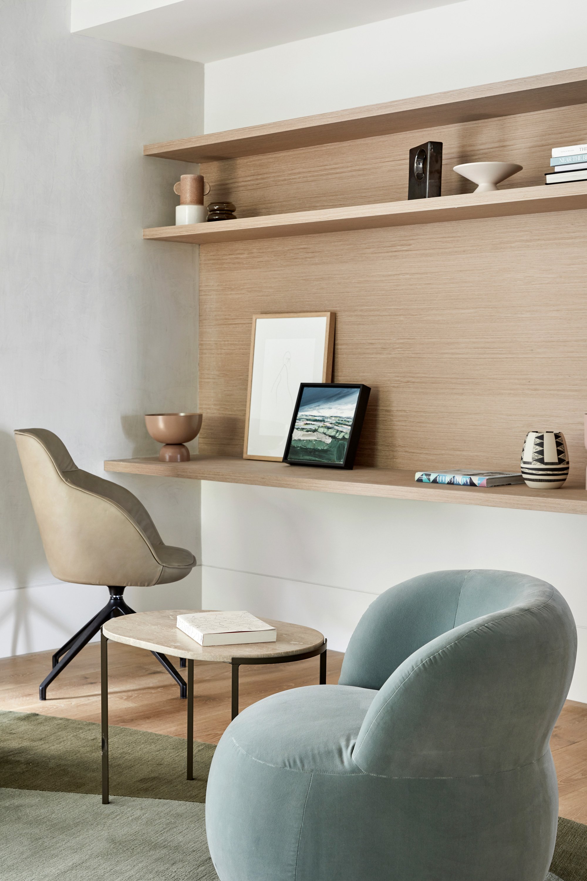 Mina Executive Chair, Alice Side Table Pebble Rug + Joy Armchair