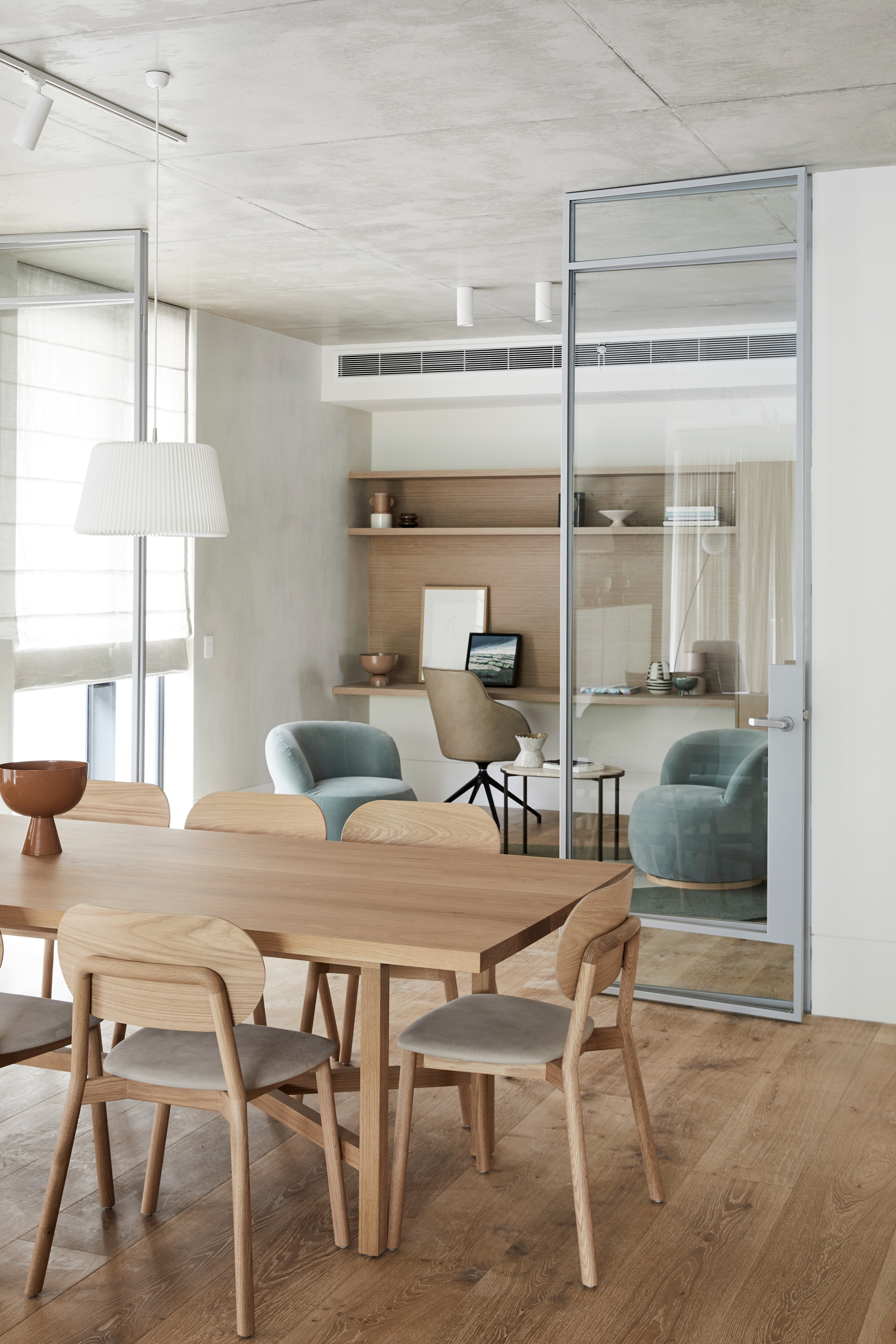McKenzie Dining Chairs, Copper Dining Table, Mina Executive Chair, Alice Side Table Pebble Rug + Joy Armchair