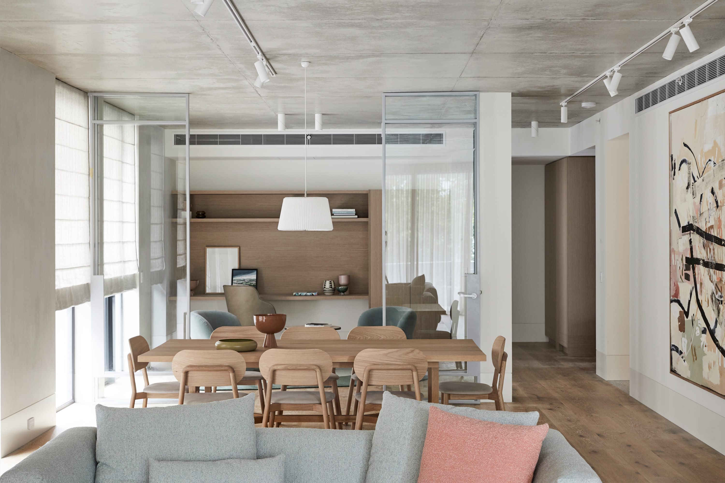 Miller Sofa, Luna Cushion, McKenzie Dining Chairs, Copper Dining Table, Mina Executive Chair, Alice Side Table Pebble Rug + Joy Armchair