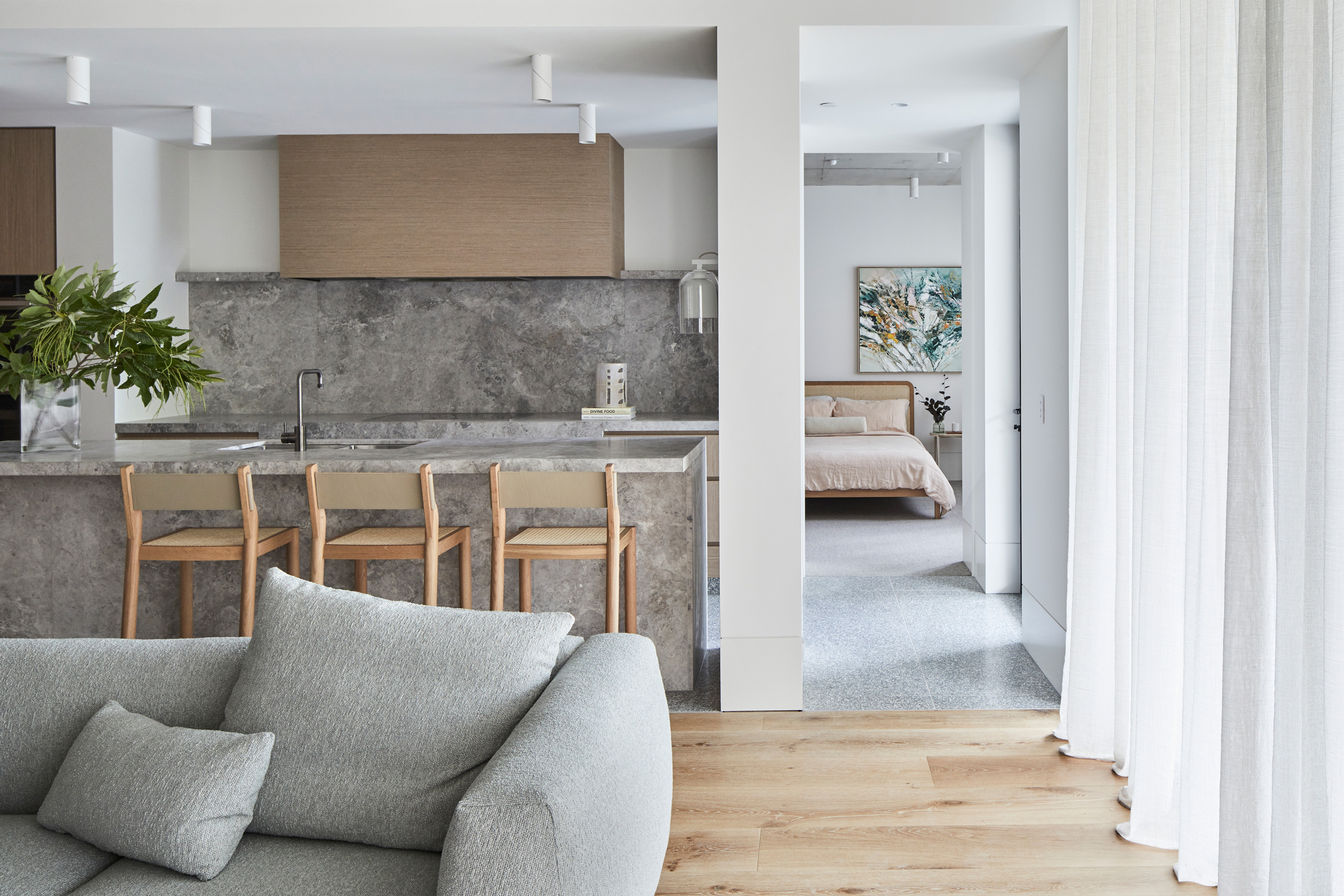 Miller Sofa, Brooklyn Bar Stool, Willow Bed + Airo Bed Linen