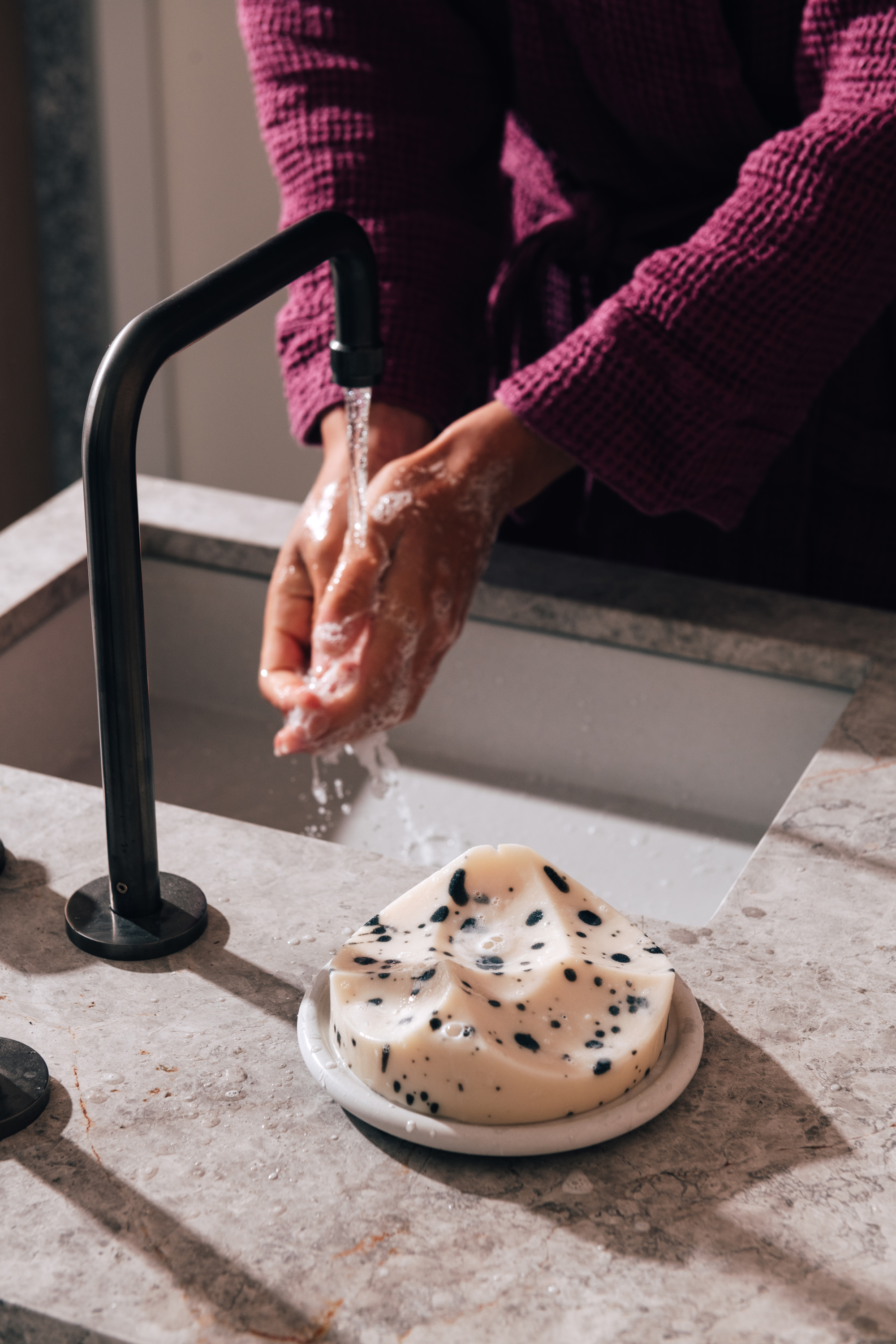 Juno Robe in Plum, Erode Soap in Grapefruit + Bouton Dish in White