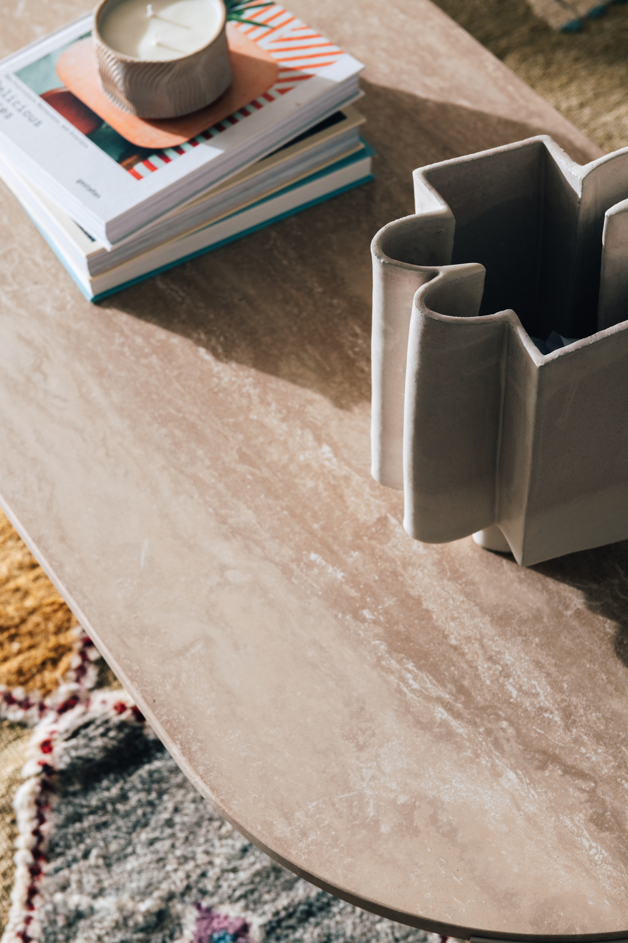 Alice Coffee Table, Terra Candle + Wiggle Vase