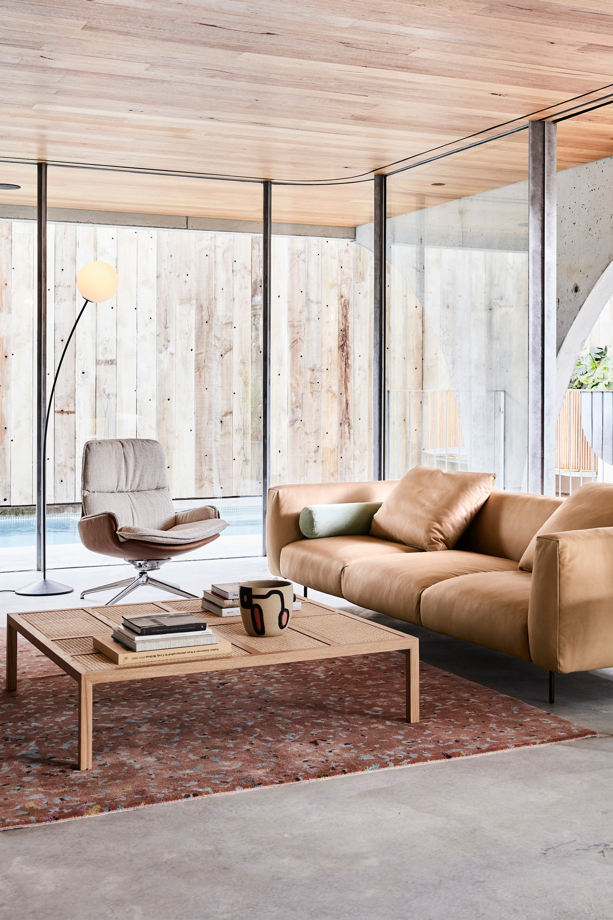 Banjo Armchair, Boyd Floor Lamp, Billie Coffee Table, Miller Sofa, Leo Rug in Blush, Bird Vessel + Jimbo Bolster in Glacier