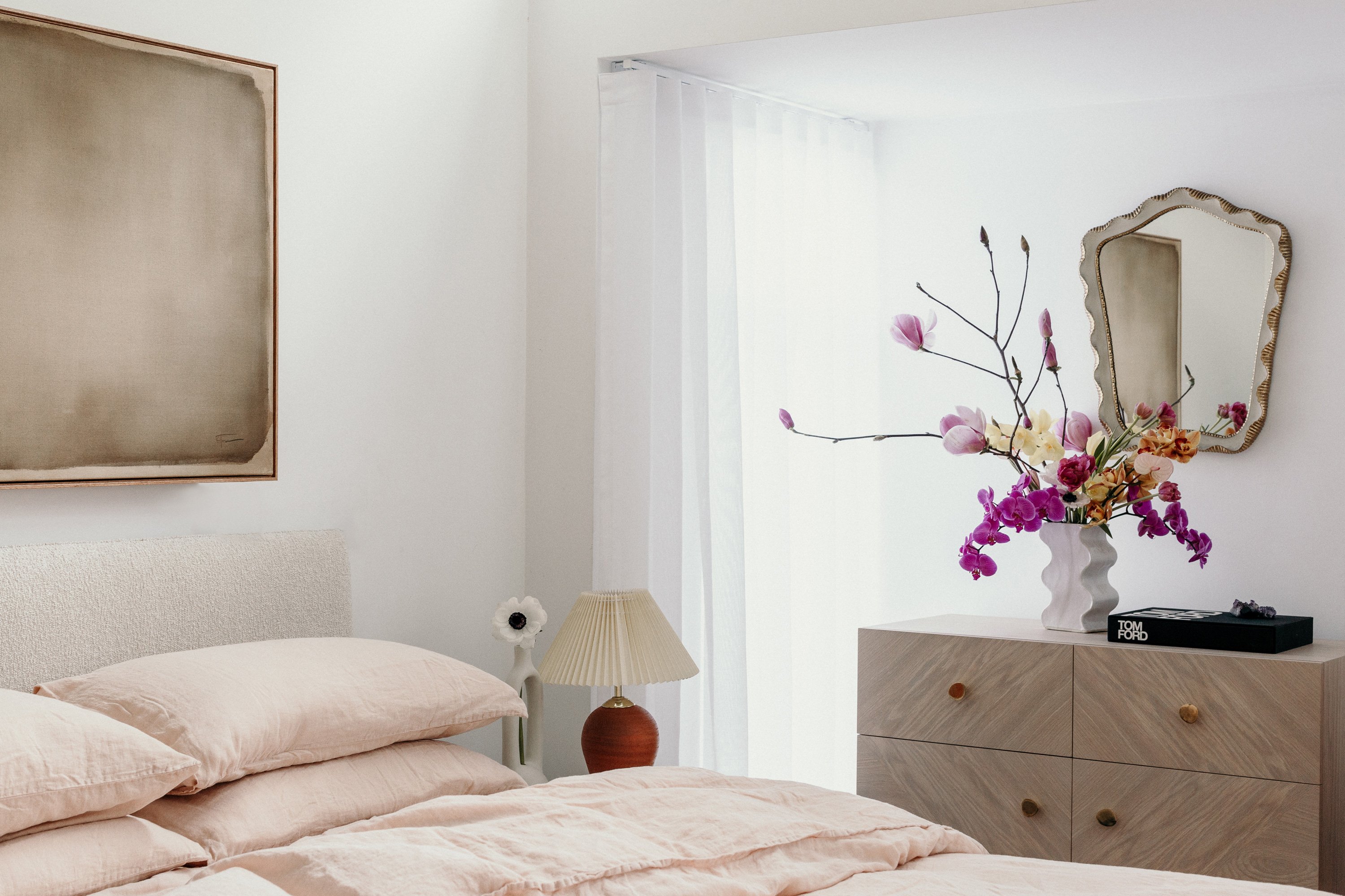 Nook High Back Bed, Airo Nude Bed Linen, Noah Sideboard + Wave Vase in Oyster