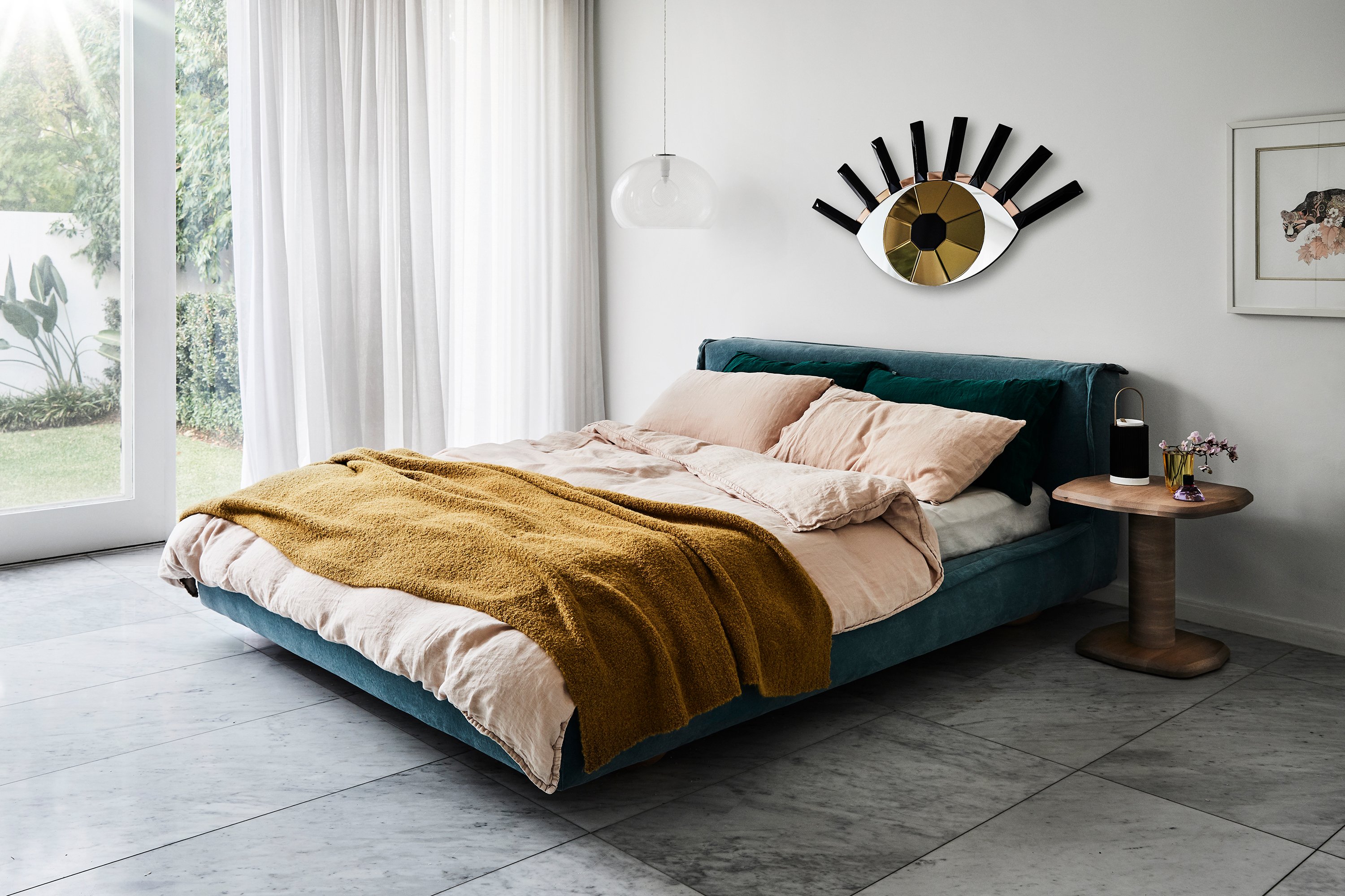 Sunny Bed, Arte Side Table + Airo Bed Linen in Nude 
