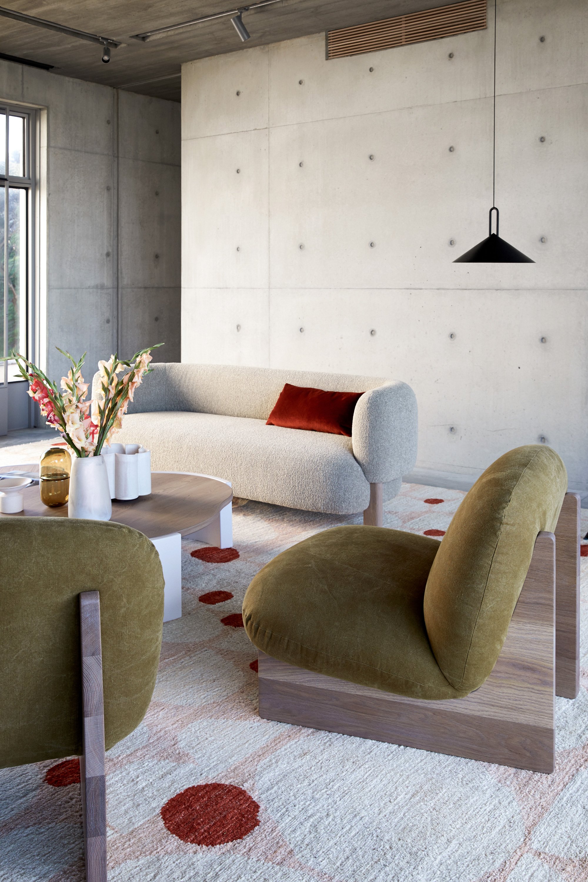 Ziggy Armchair, Lola Sofa, Frida Coffee Table, Pebble Rug in Peach, Atlas Pendant, Wide Scallop Vase, Sugarpill in Sargasso + Large Pebble Vase