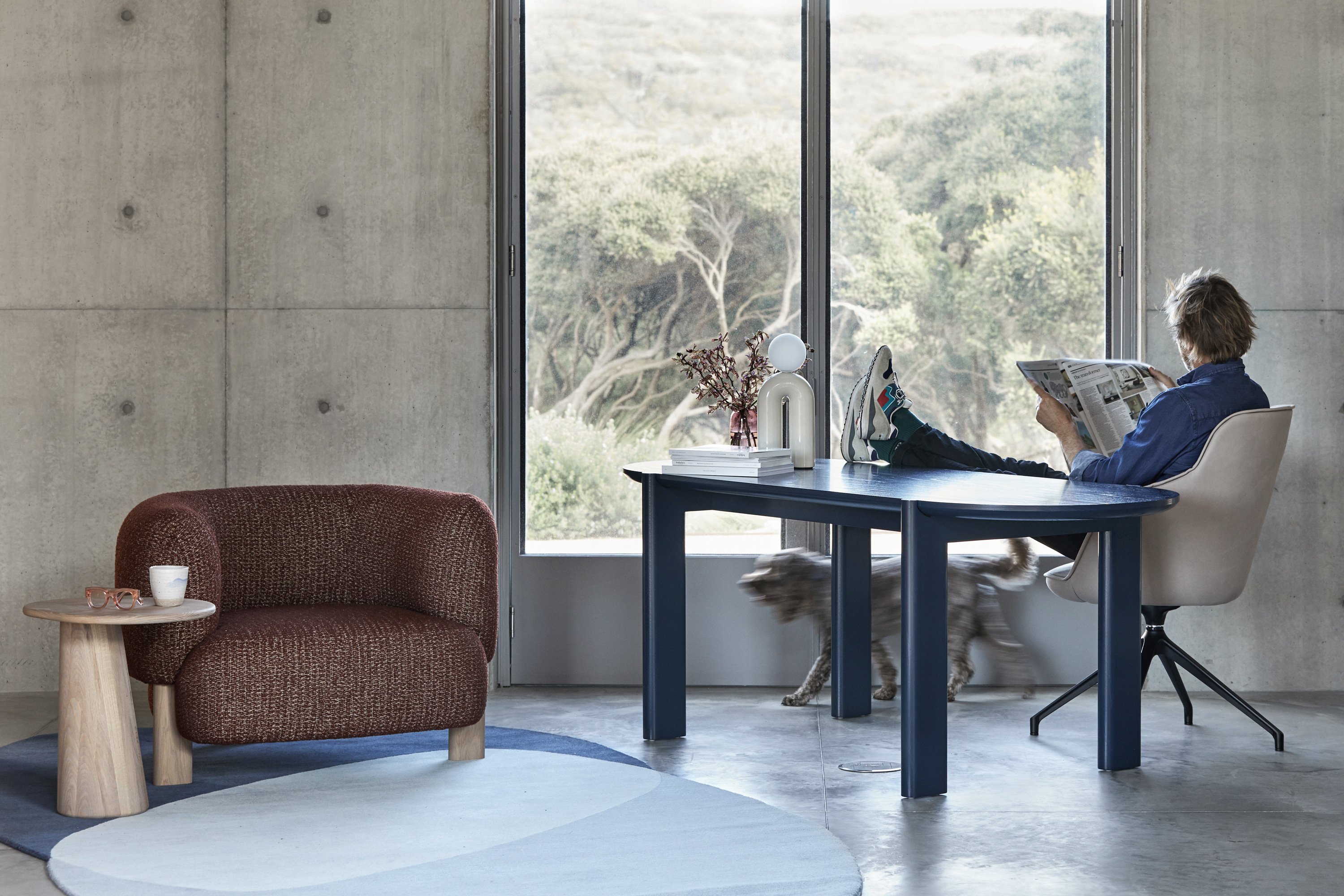 Pepper Side Table, Violet Tumbler in Lilac, Lola Armchair, Otis Desk, Nelly Table Lamp, Sugarpill in Aubergine, Mina Executive Chair + Pebble Rug in Blue