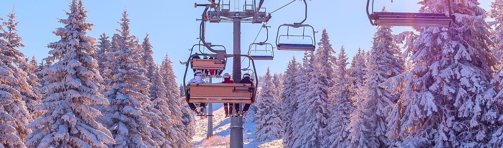 Skiers on a chairlift surrounded by white snow pine trees