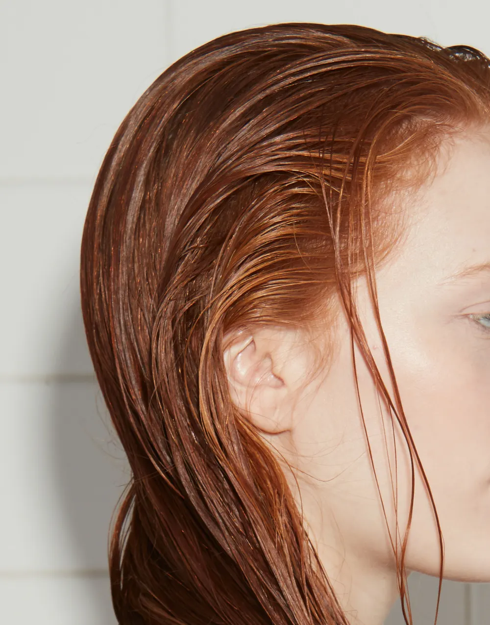 Closeup of a woman's damp, straight hair 
