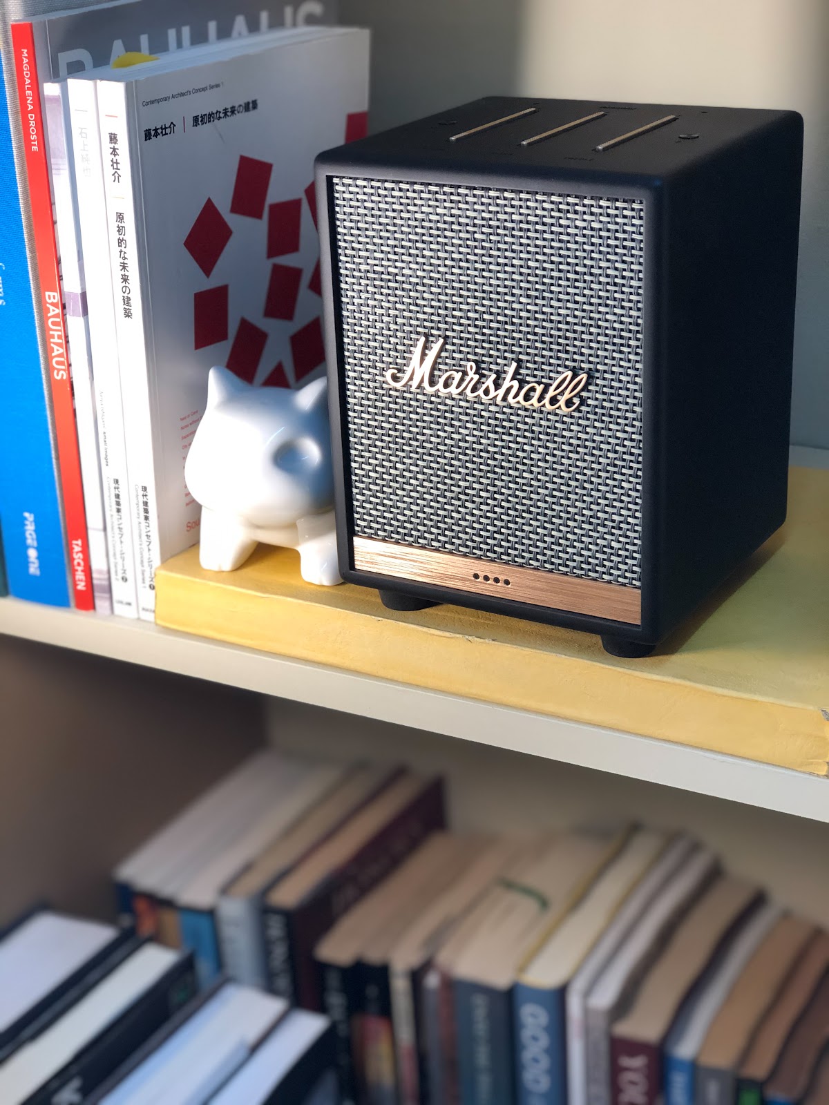 Marshall Uxbridge Voice on a bookshelf