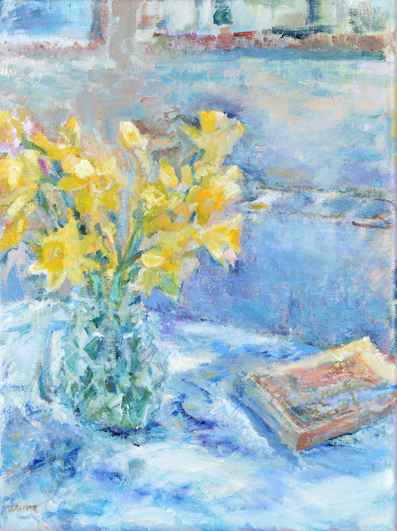 Painting of daffodils called First Daffodils showing first of the year early yellow daffodils. Available as daffodil cards, daffodil prints and daffodil wall art at Judi Glover Art