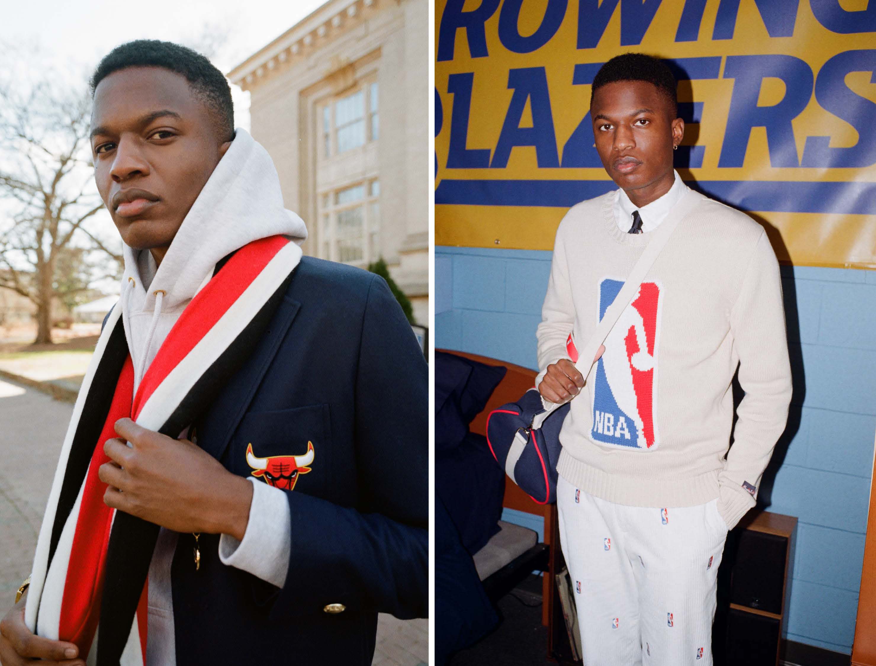 Model wearing the Chicago Bulls Scarf, Hoodie and Blazer, and model wearing the NBA Logo Sweater in Cream.