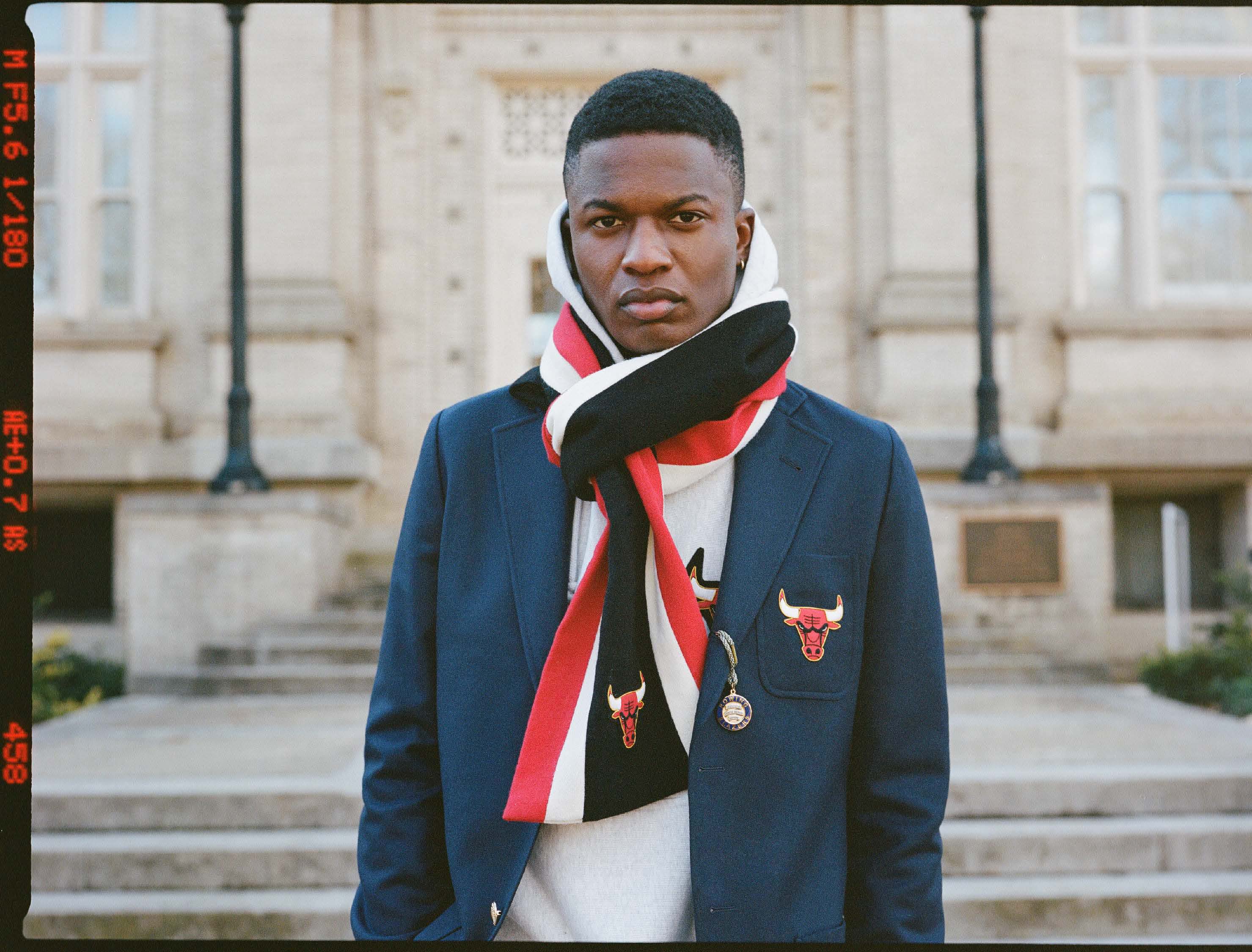 Model wearing the Chicago Bulls Scarf, Hoodie, and Blazer outside of The Graduate Chapel Hill.