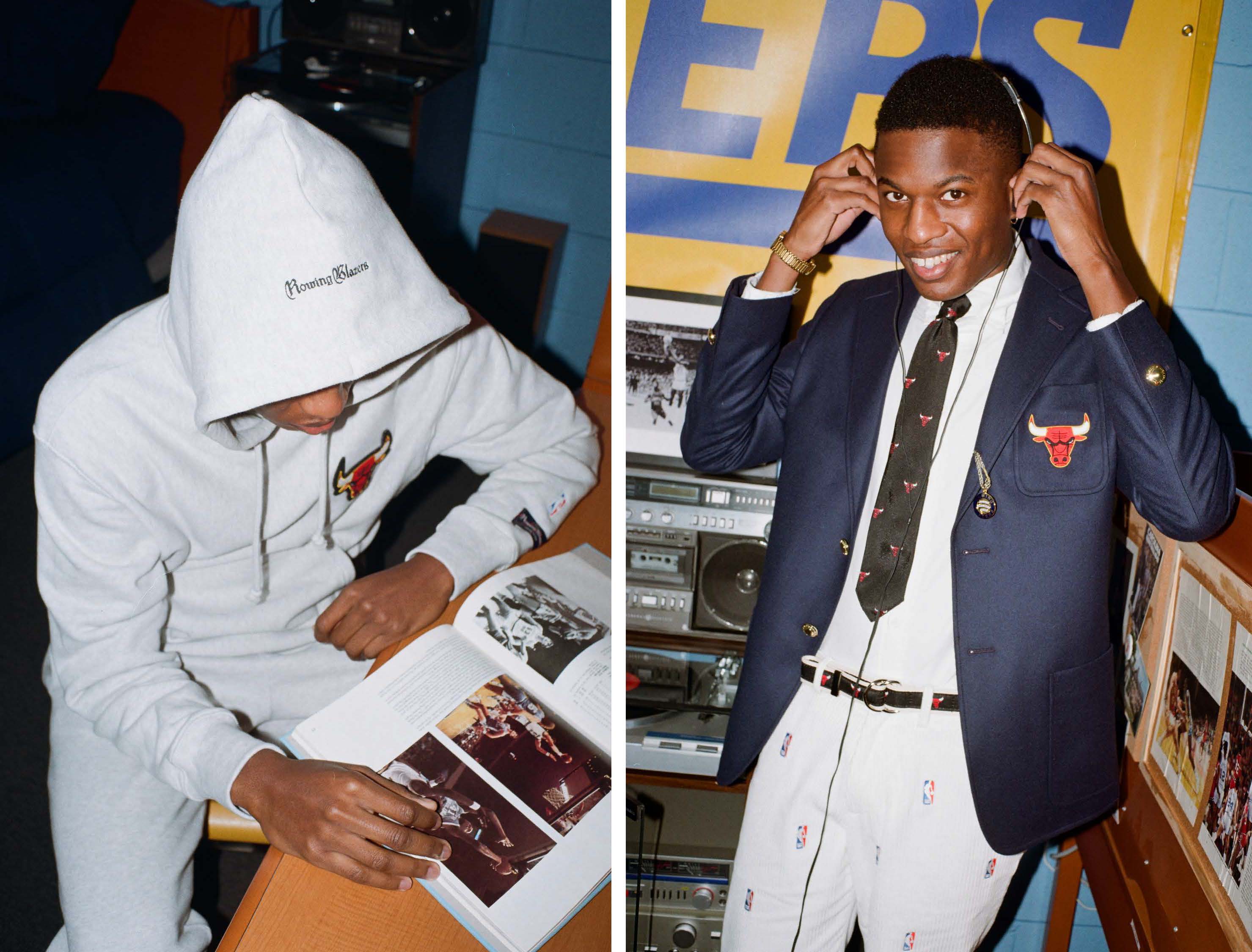 Model reading a book, wearing the Chicago Bulls Hoodie and Joggers. Model with headphones on, wearing the Chicago Bulls Tie and Blazer.